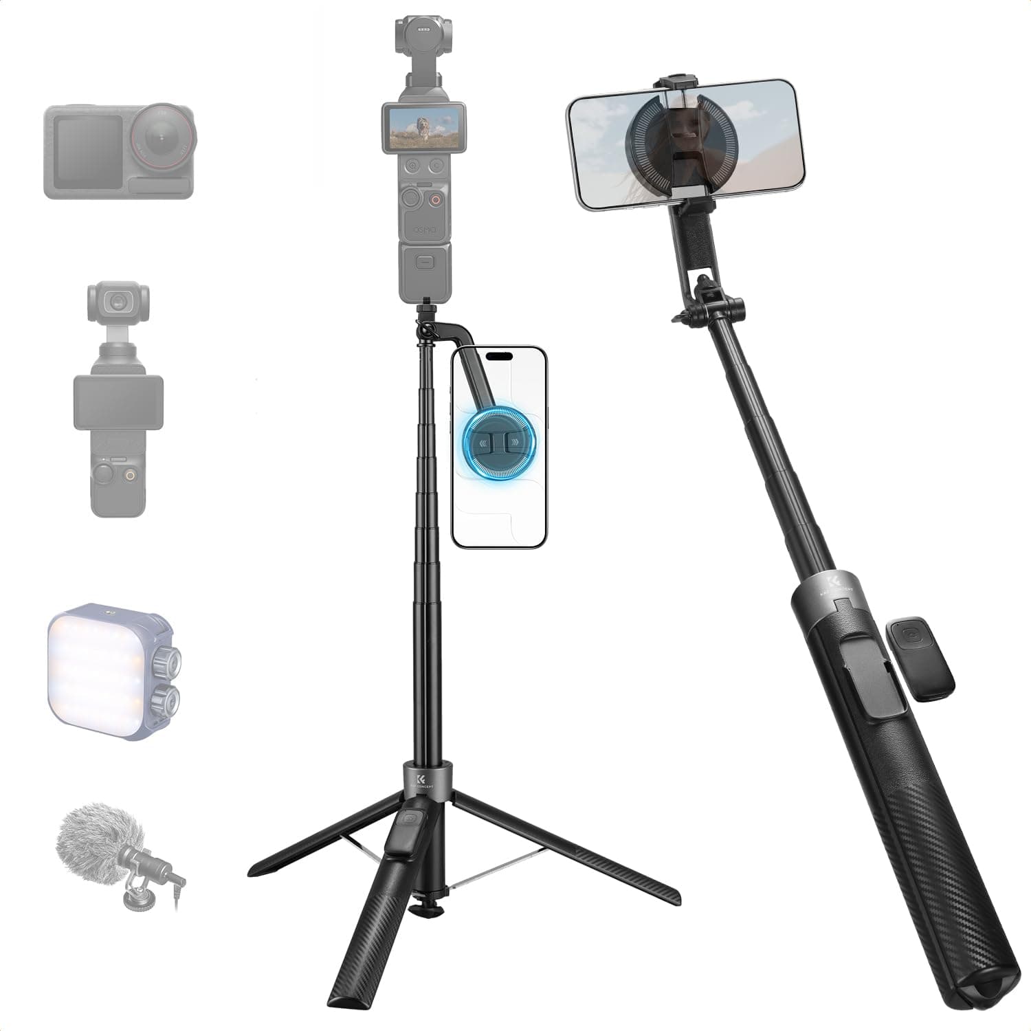 K&F CONCEPT 180cm Trípode Magnético Movil, 3-en-1 Magnético+Clip+1/4" | Palo Selfie Trípode Magnético Rotatorio de 360°, Compatible con iPhone 18-12 y Android,DJI OSMO Pocket 3/4,Luna Ultra -X97C6