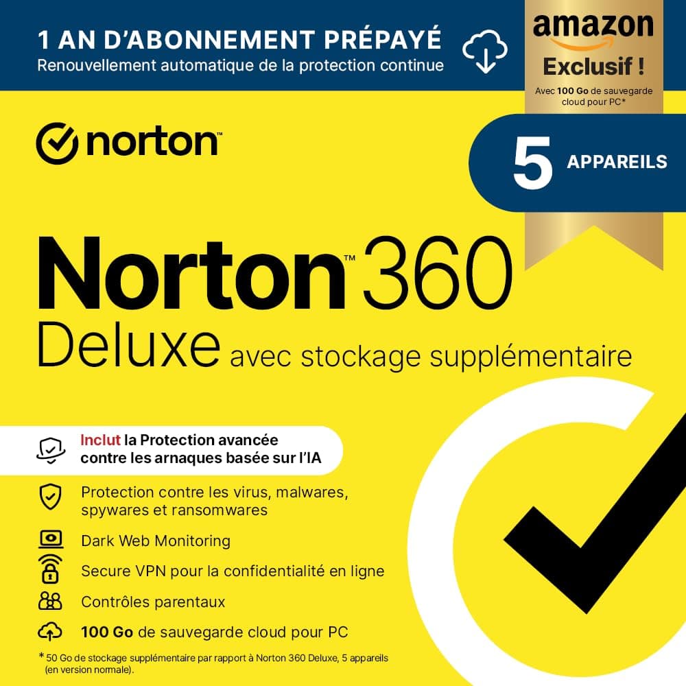 Norton 360 Deluxe Exclusivité Amazon* + 50 Go de sauvegarde cloud supplémentaire |5 Appareils | 1 An d'Abonnement en renouvellement automatique| Téléchargement