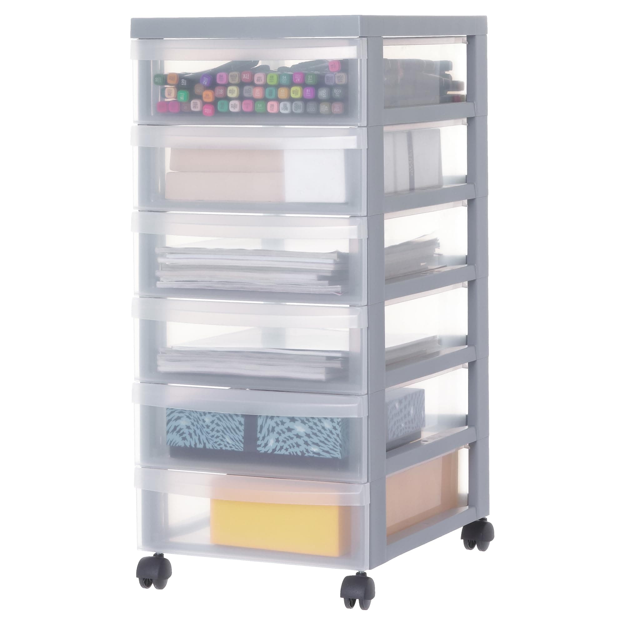 Iris Ohyama Kunststoff-Schubladenbox mit Rollen, 6 flachen Schubladen, Grau, Griffe zum Ziehen, Für Schlafzimmer, Bad, Schule & Büro, BPA-frei, Schubladenschrank, Rollcontainer, A4 Drawer, DC-360