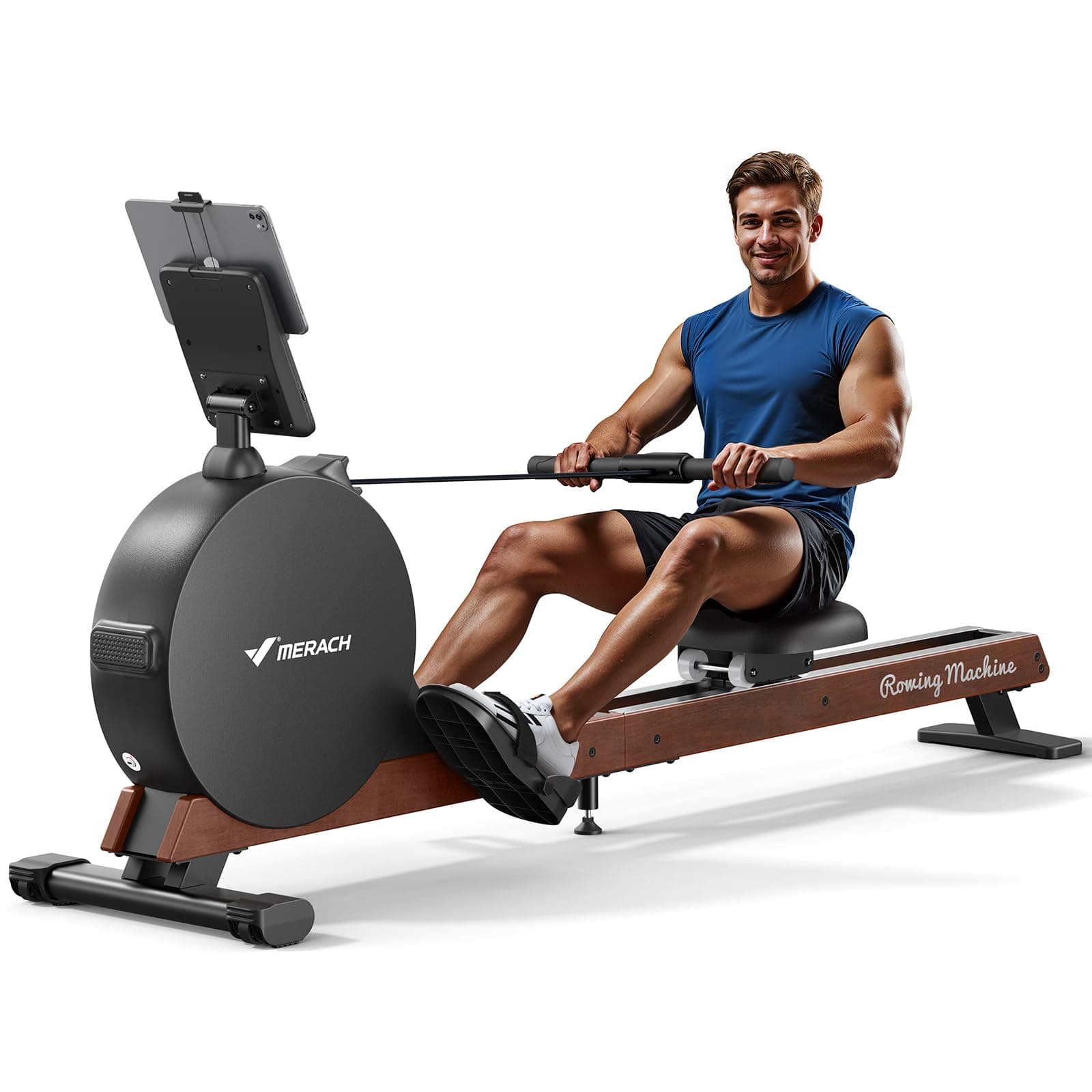 MERACH Rameur Musculation D'appartement, Auto-générateur, résistance magnétique maximale améliorée de 60 kg, réglage Automatique de la résistance, Doubles Rails en Bois, Affichage LED, Professionnel
