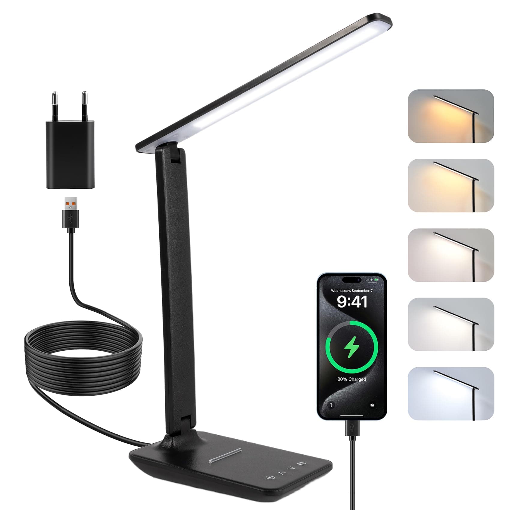 Carehabi Lampe de Bureau Puissante - 5 Modes de Couleurs et 5 Niveaux de Luminosité Réglables - Rotation sur 3 Axes - Protection des Yeux - Lampe de Lecture avec Port USB (noir-AC)