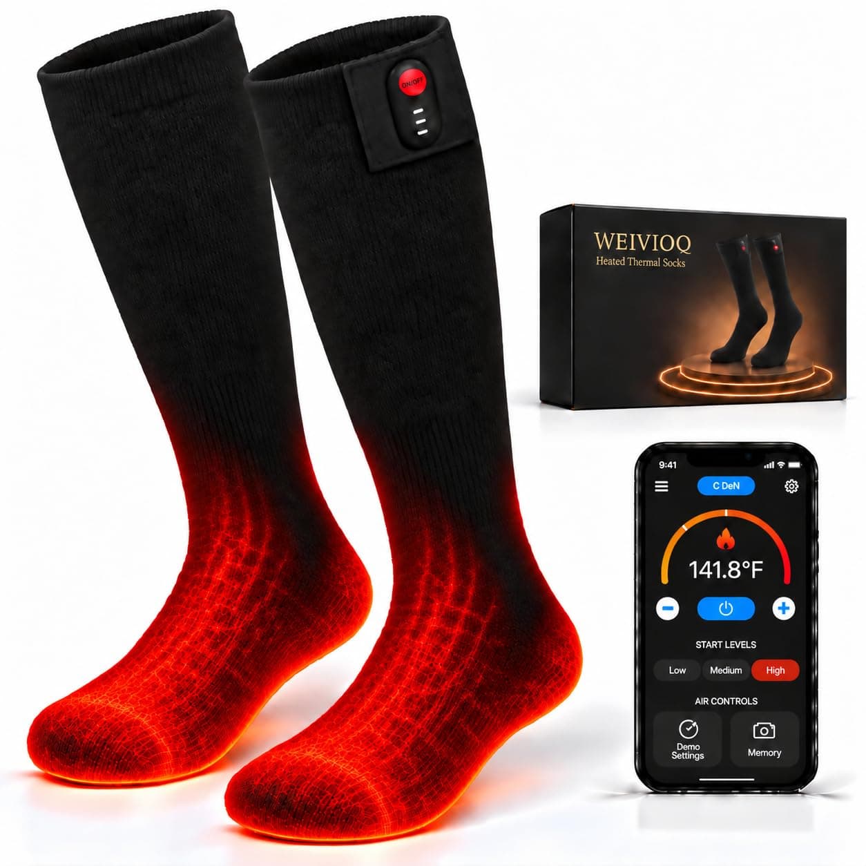 WEIVIOQ Chaussettes chauffantes Homme et Femme, contrôle par Application | Batteries rechargeables de 7 000 mAh, 3 niveaux de chaleur, pour le ski, la chasse, la randonnée et le camping
