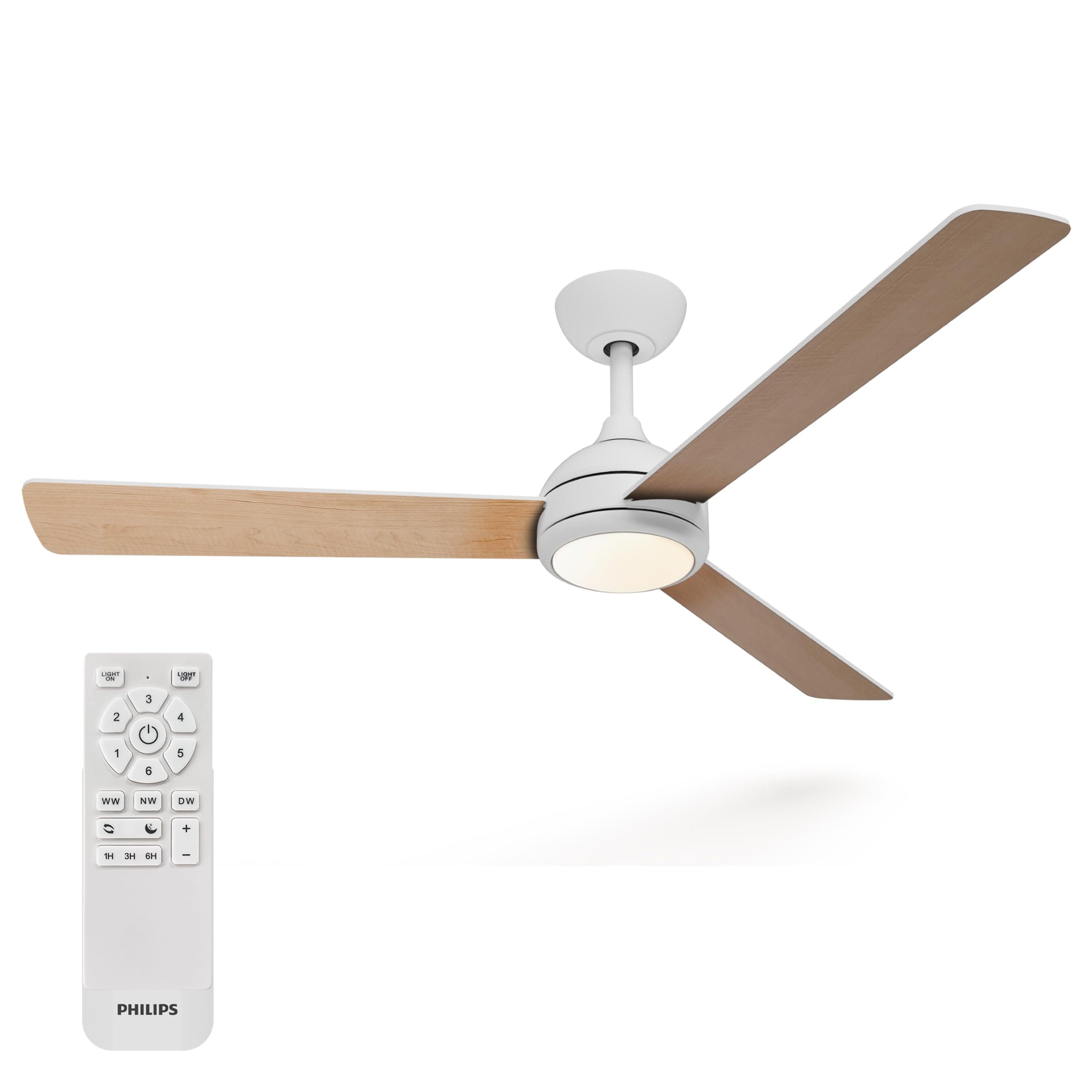 Philips Civx Lámpara de Techo con Ventilador LED, 3 aspas, Diámetro 132 Cm, 2500 Lúmenes, Luz Blanca Tres Tonos (3000 K/4500 K/6500 K), Regulable al 10%, Mando a Distancia, Blanco/Madera clara
