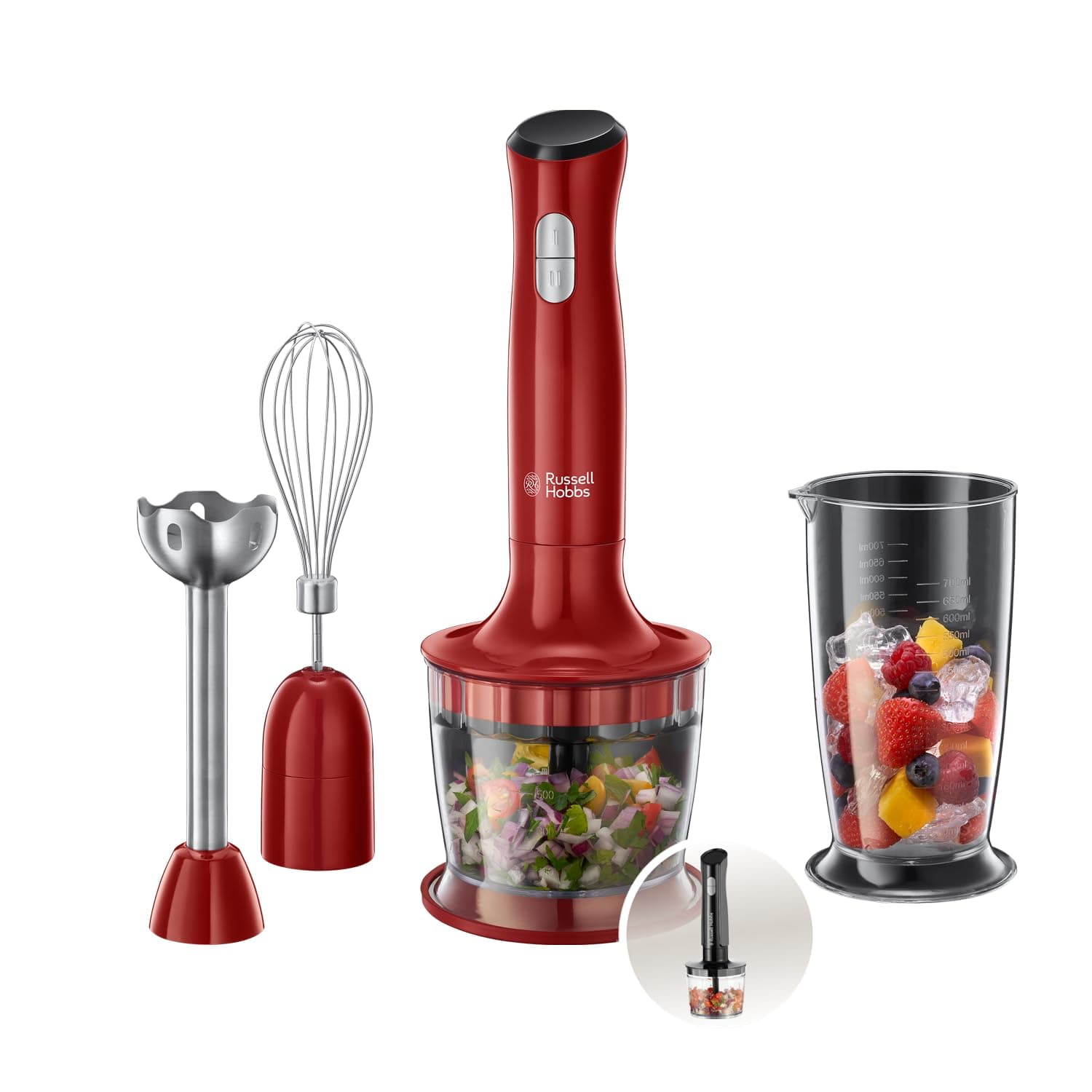 Russell Hobbs Mixeur Plongeant [ 3en1: Mixe, hache, fouet] Blender (Smoothie, sauce, aliments bébé, glace pilée, gâteau etc, lave-vaisselle, Bol doseur 700ml, hachoir 500ml, antiéclaboussure) 24700-56