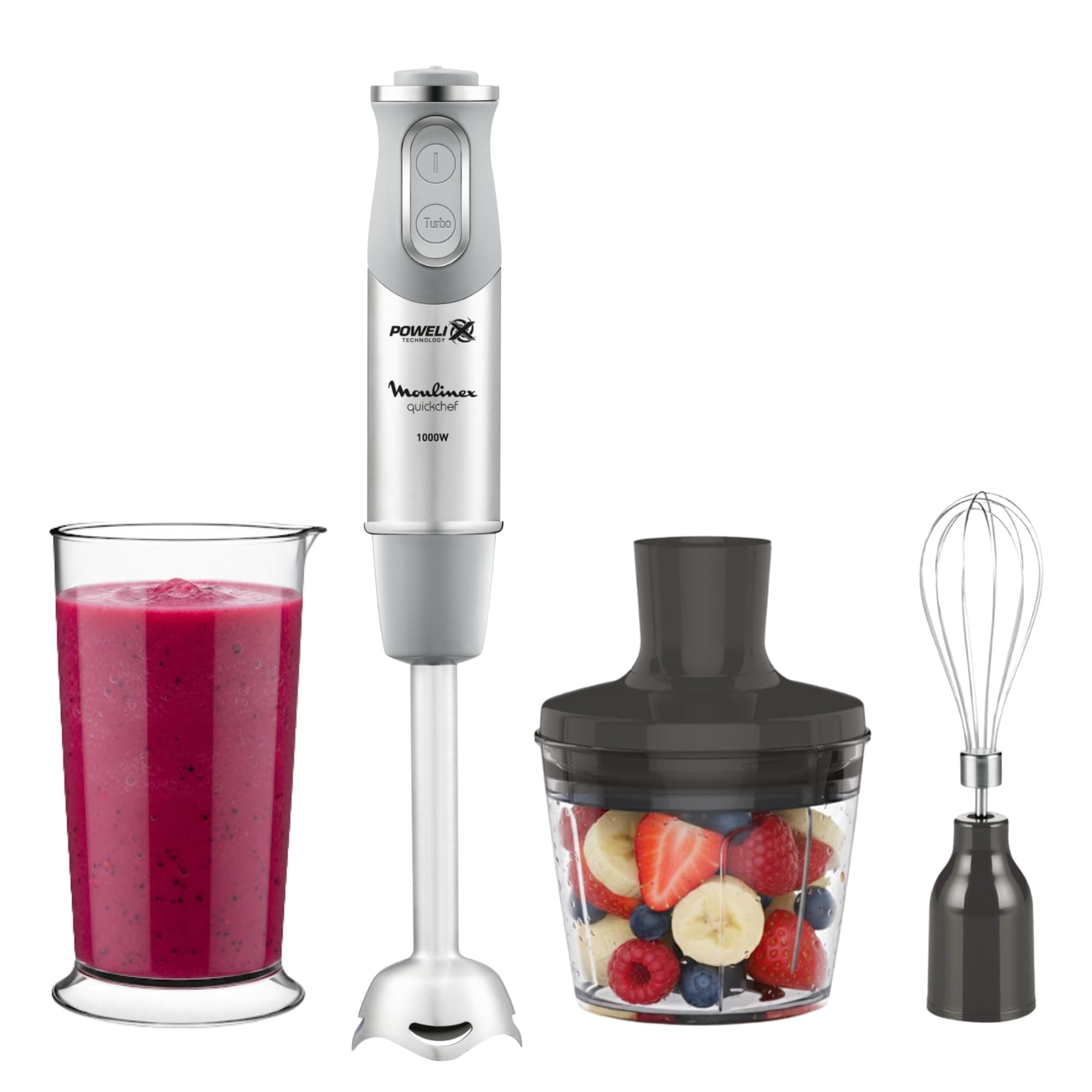 Moulinex QuickChef, Batidora de Mano 1000 W, Regulador de 10 Velocidad Turbo, 3 Accesorios para Picar y Montar y Vaso Medidor, Cúpula Antisalpicaduras, Acero Inoxidable, DD655D
