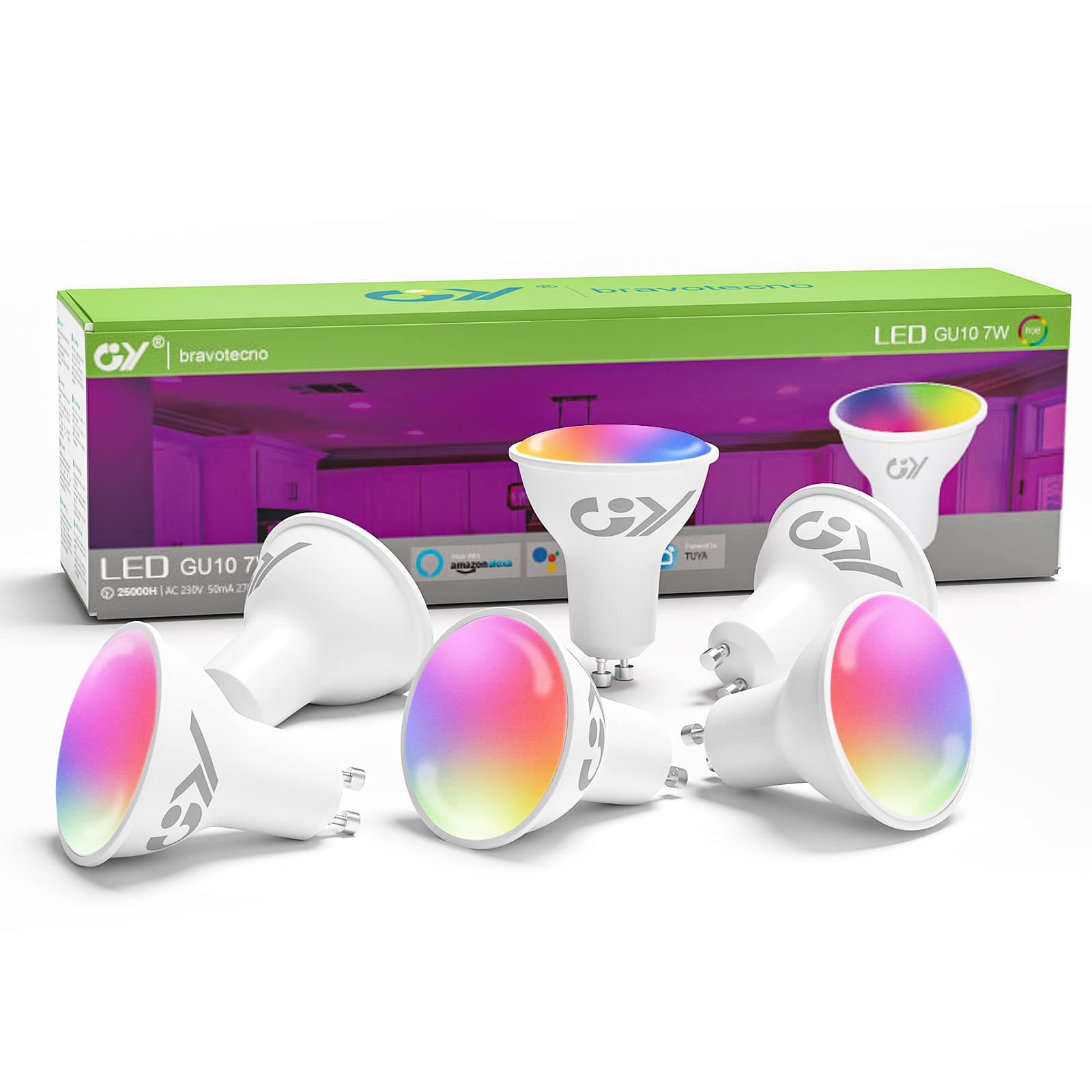 GY Bombilla LED Inteligente GU10 Compatible con Alexa/Google Home, 7W 500LM GU10, 2700K-6500K Luces Cálidas/Frías & RGB Regulable,Control de Voz, 6 Paquete