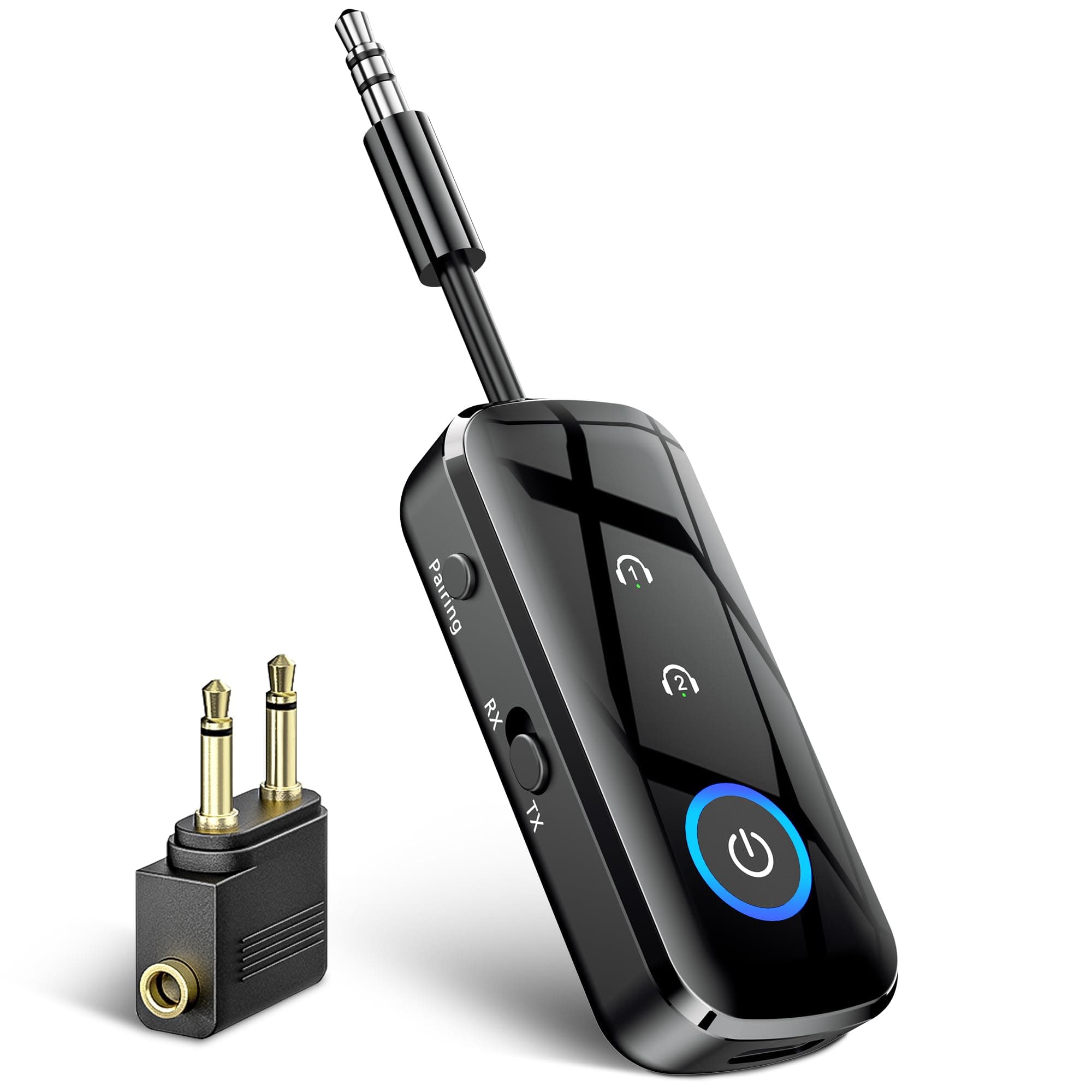 SONRU Emetteur Bluetooth Récepteur 5.3, 2 en 1 Adaptateur Bluetooth Avion Transmetteur 3,5 mm AUX Jack, Prend en Charge 2 for AirPods/Casques, Emetteur pour TV/PC/Voiture/Gym Sport/Avion