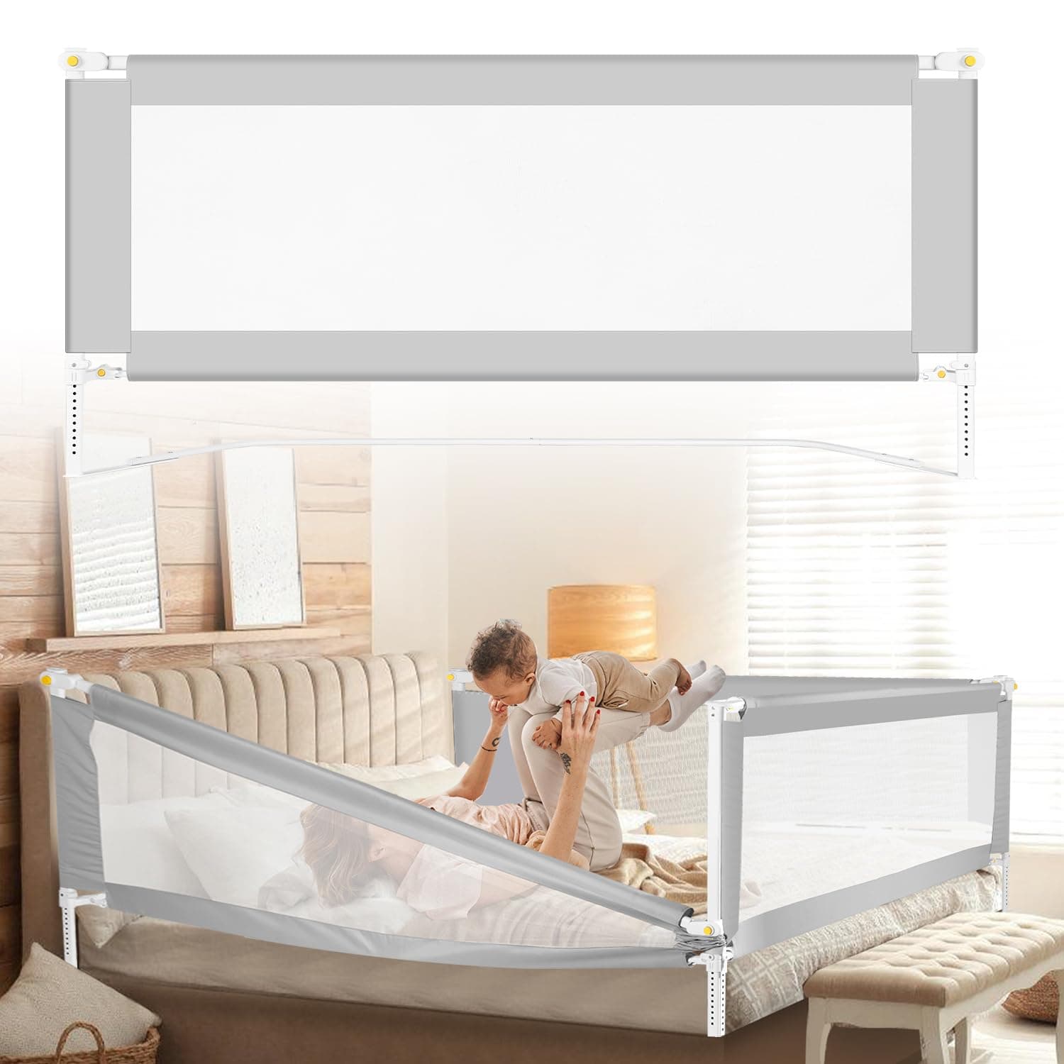Tubiaz 1x180CM+2x200CM Barrera Seguridad Niños Cama, Altura Regulable 68-95cm, Barrera Cama niños con protección contra caídas, Barandilla Cama niño Plegable,Fácil de Montar, Gris