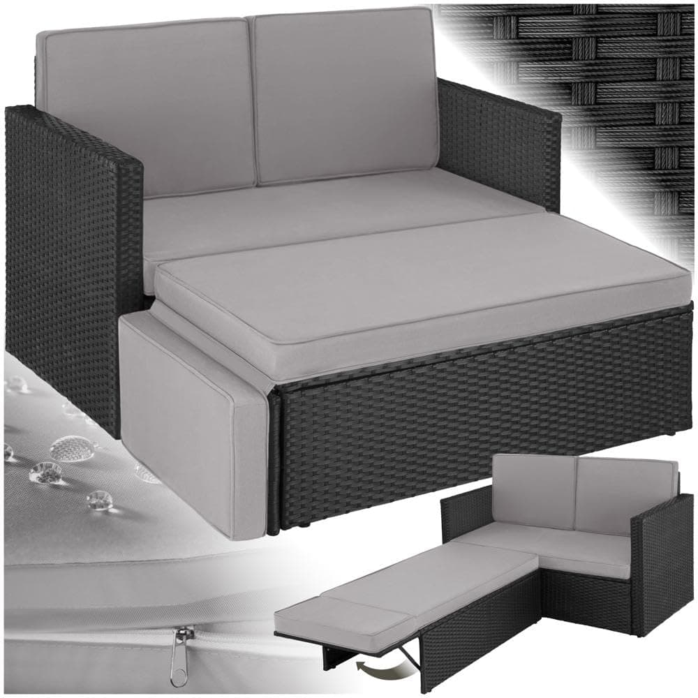 tectake® Sofa Set - 2 Sitzer Sessel mit Hocker und Schlaffunktion, kleine Rattan Couch als Outdoor Gartenmöbel, wetterfest für Lounge, Balkon und Garten, klappbar mit imprägnierten Polstern - Schwarz