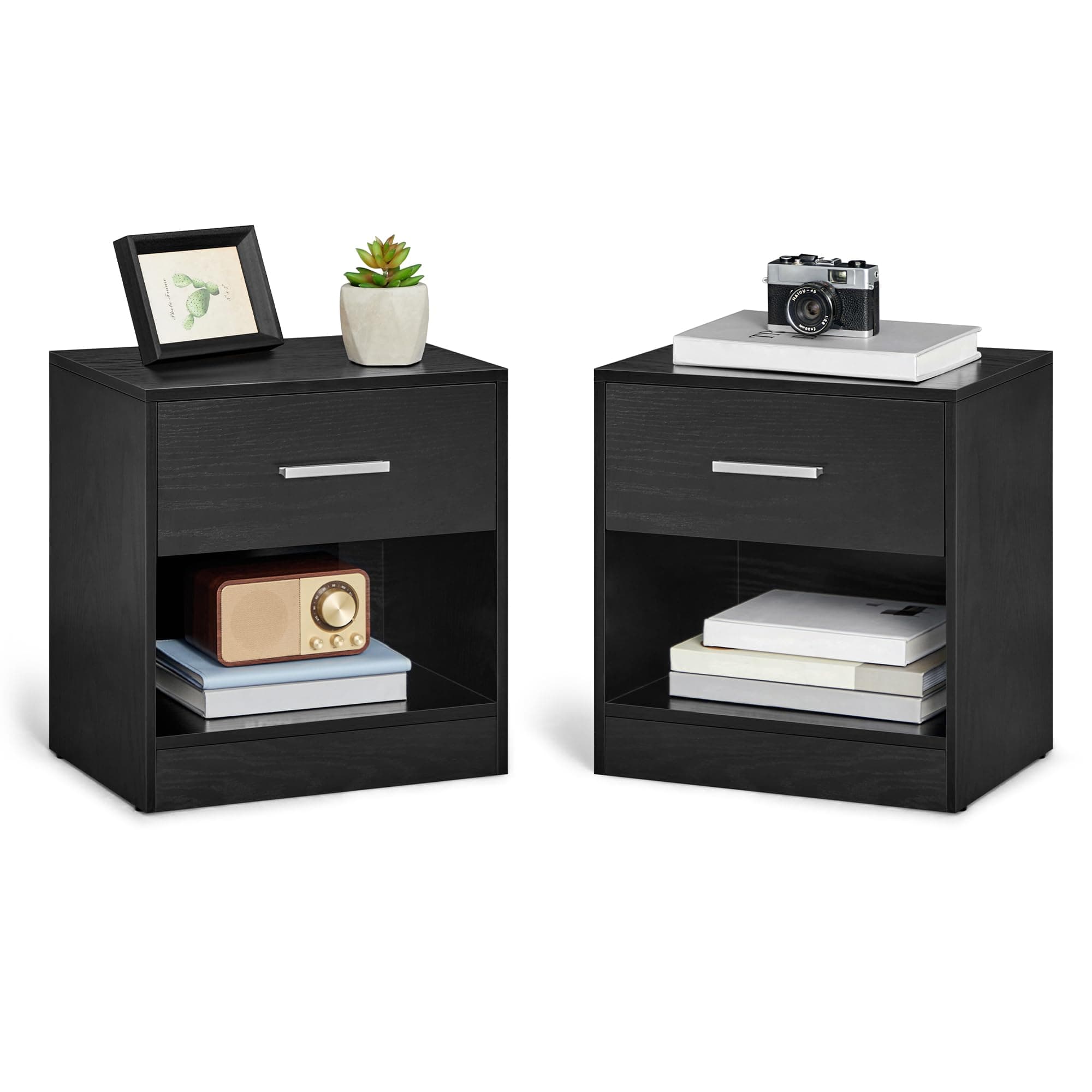 VASAGLE Nachttisch, 2er Set, Beistelltisch, mit Schublade, Griff, offenes Fach, Couchtisch, für Schlafzimmer, Wohnzimmer, klassikschwarz LET819T56