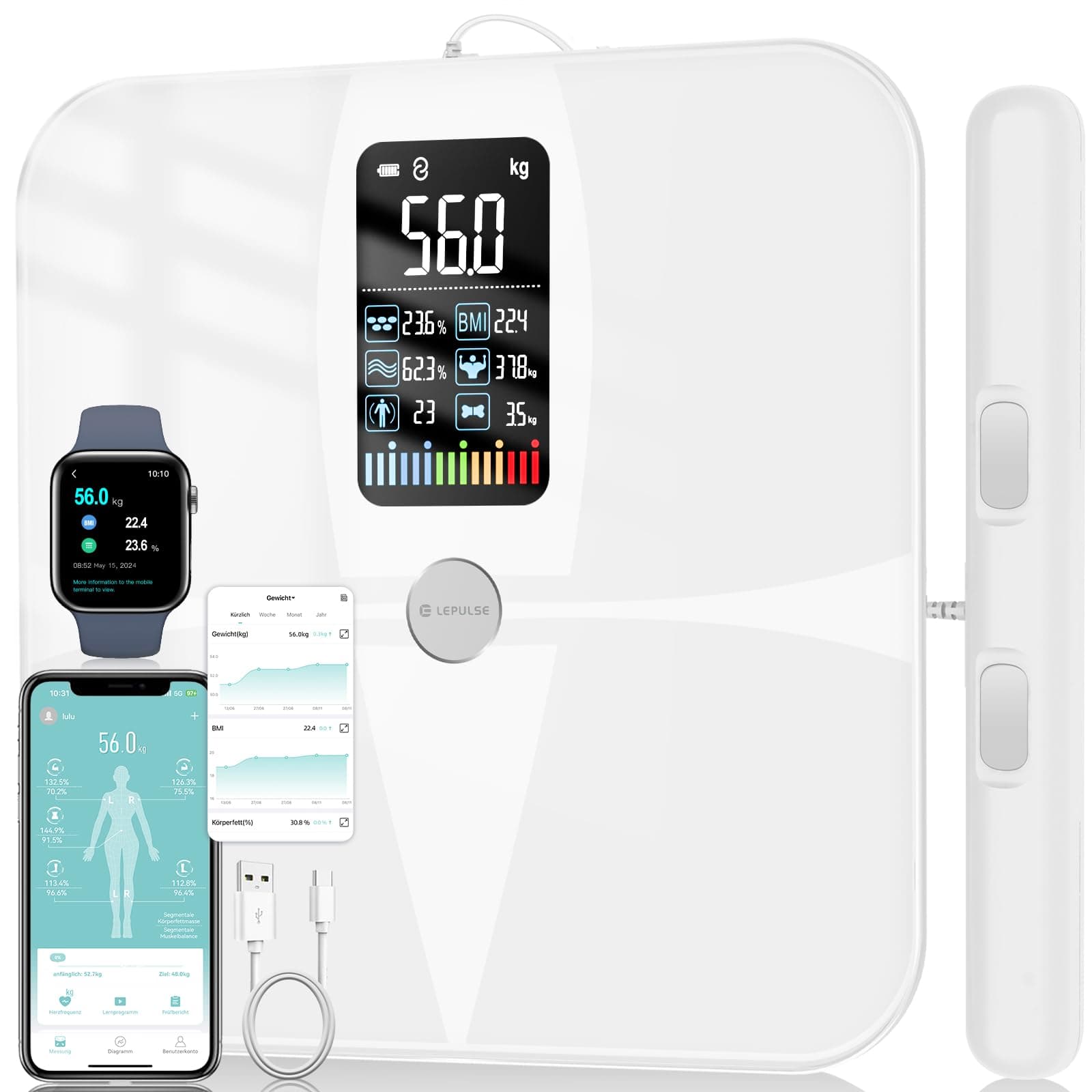 Lepulse Bascula Bioimpedancia 8 Electrodos, Digital Bascula Grasa Corporal y Muscular Recargable Con Pantalla Grande, Precision Bascula de Baño Grasa Corporal Balanza Inteligente con 20 Mediciónes