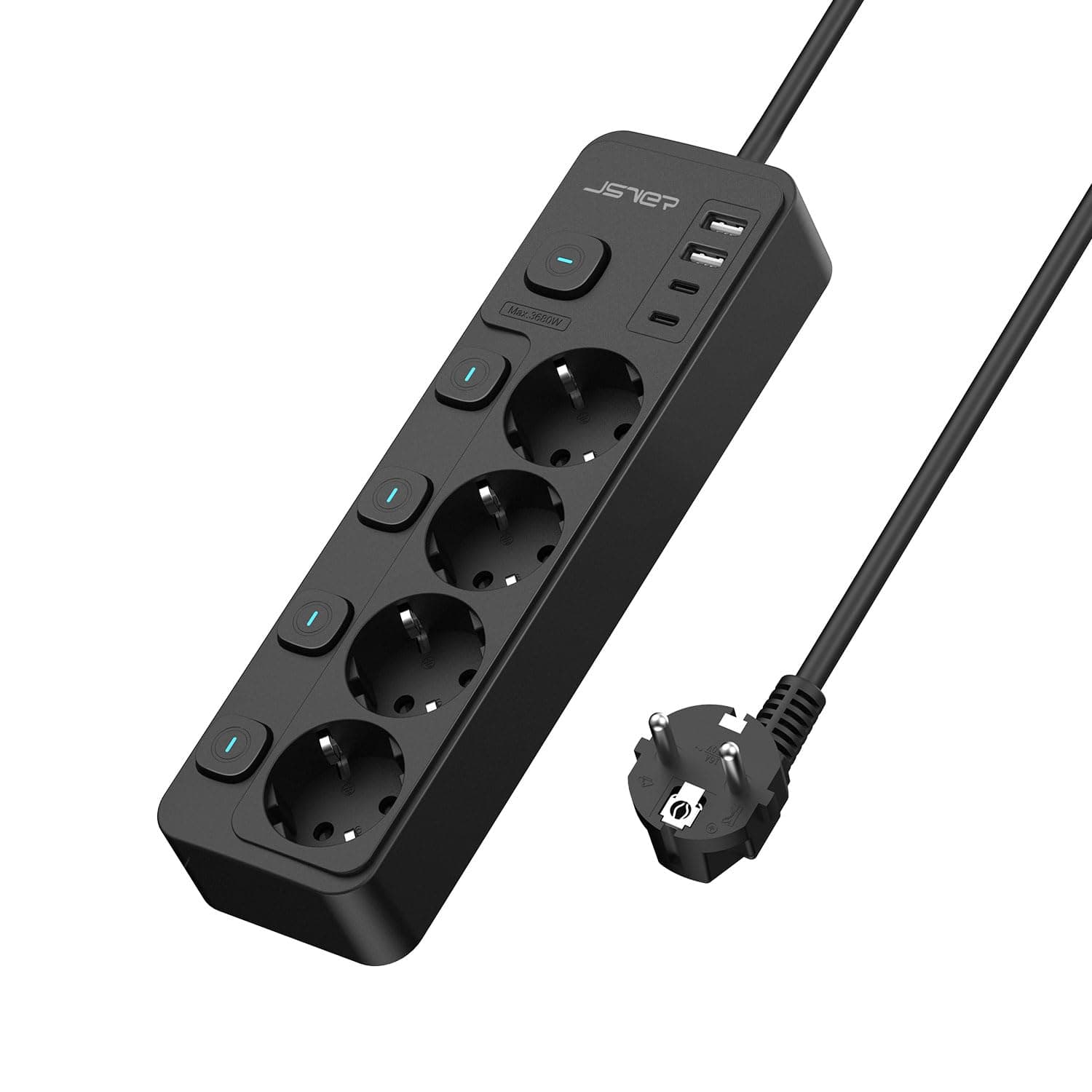 JSVER Multiprise USB avec Interrupteurs Individuels,Multiprise avec 4 Prises et 2 USB A,2 USB,Bloc Multiprises (3680W 16A) USB avec Cable 2m pour Smartphone Tablette- Noir