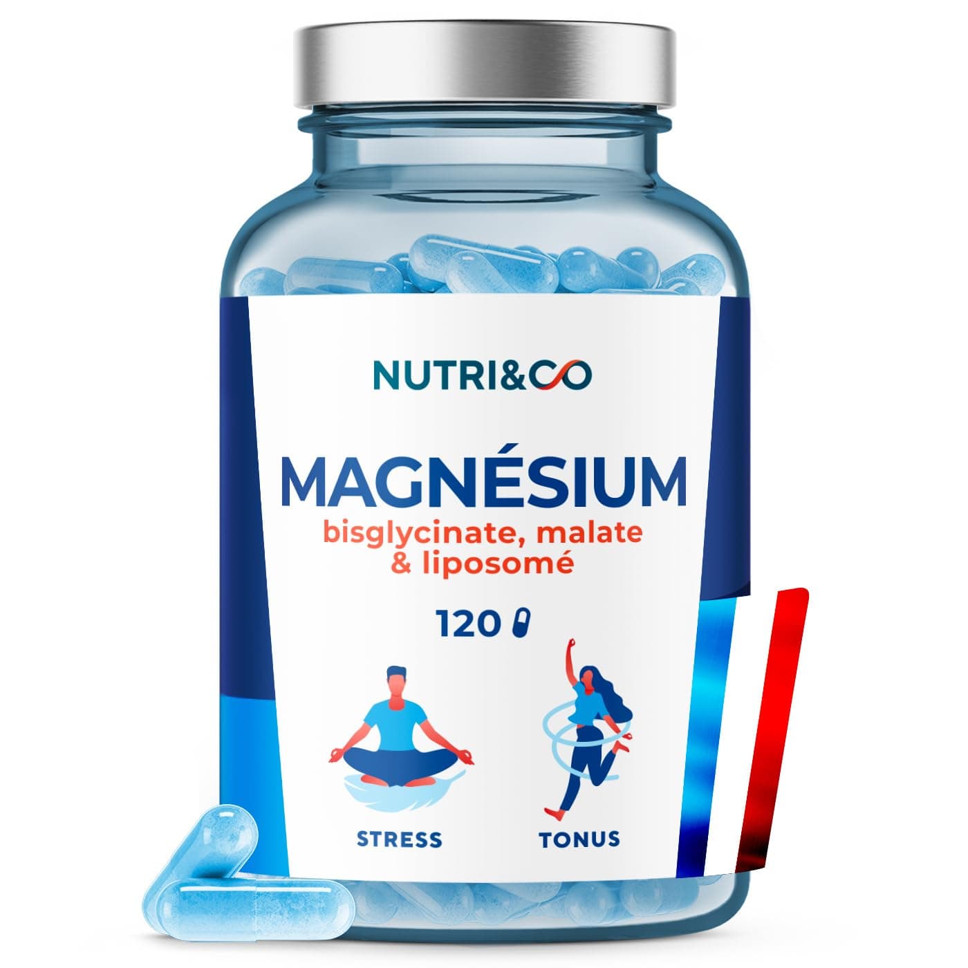 NUTRI&CO Magnésium Bisglycinate Malate & Liposome vitamine B6 | 120 Gélules | Haute Teneur 300mg/j | Haute Absorption Supérieure au Magnésium Marin | Fatigue & Stress | Vegan | Conditionné en France