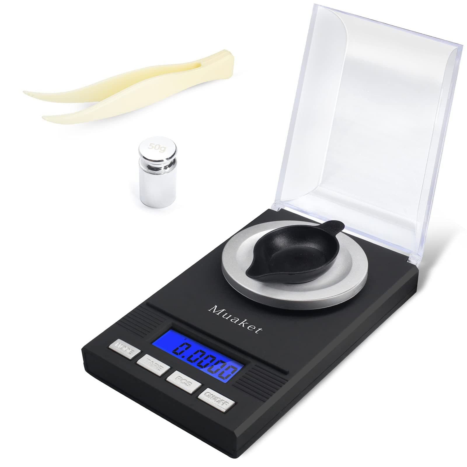 0.001g/50g Báscula Precisión Digital con Pantalla LCD, 6 Unidades y Batería | Miligramos Báscula con Función TARA, Báscula Gramos con Pesas de Calibración, Pinzas y Platos de Pesaje para Polvos, Joyería