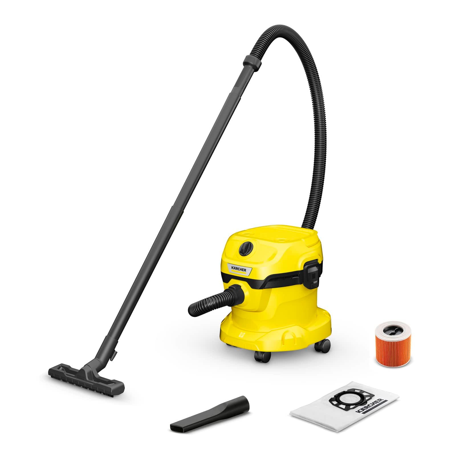 KÄRCHER 1.628-009.0 Aspirateur Eau et Poussières WD 2 Plus V-12/4/18/C, avec Filtre Cartouche, Sachet Filtre Ouate, 1000 W, Cuve PVC : 12 l, Tube d'Aspiration : 1,8 m, Suceur Sol/Fentes, Jaune