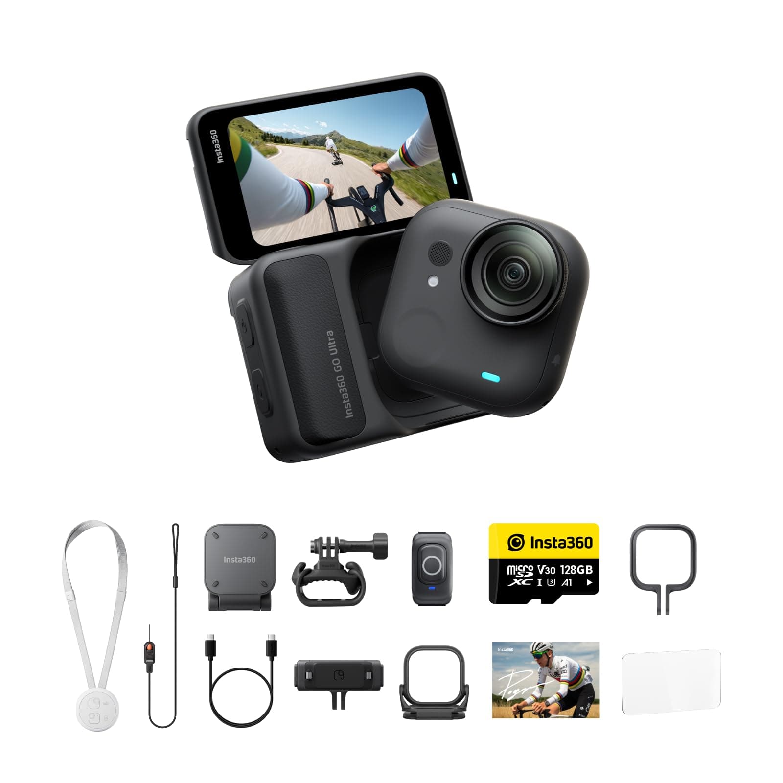 Insta360 GO Ultra Pack de Ciclismo Profesional - Pequeña cámara 4K Manos Libres, Ligera y Portable, Excelencia con Poca luz, Montaje polivalente, FlowState, 200 min de batería, Impermeable 10 Metros