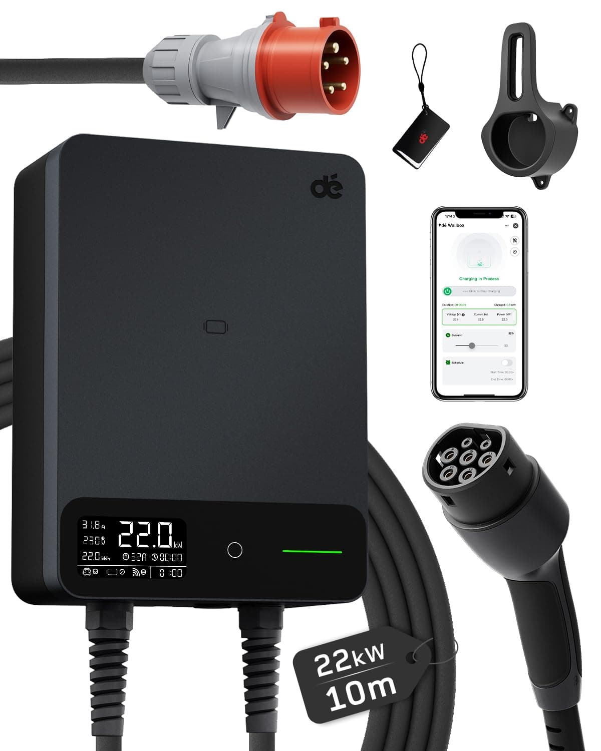 dé Borne de Recharge Wallbox 22kW avec App, Câble Type 2 de 10m avec Support, Chargeur VE Triphasé (6-32A, 400V), BEV/PHEV, RCD Type A AC+DC, IP54, avec Prise CEE (32A), Station pour Maison, Noir