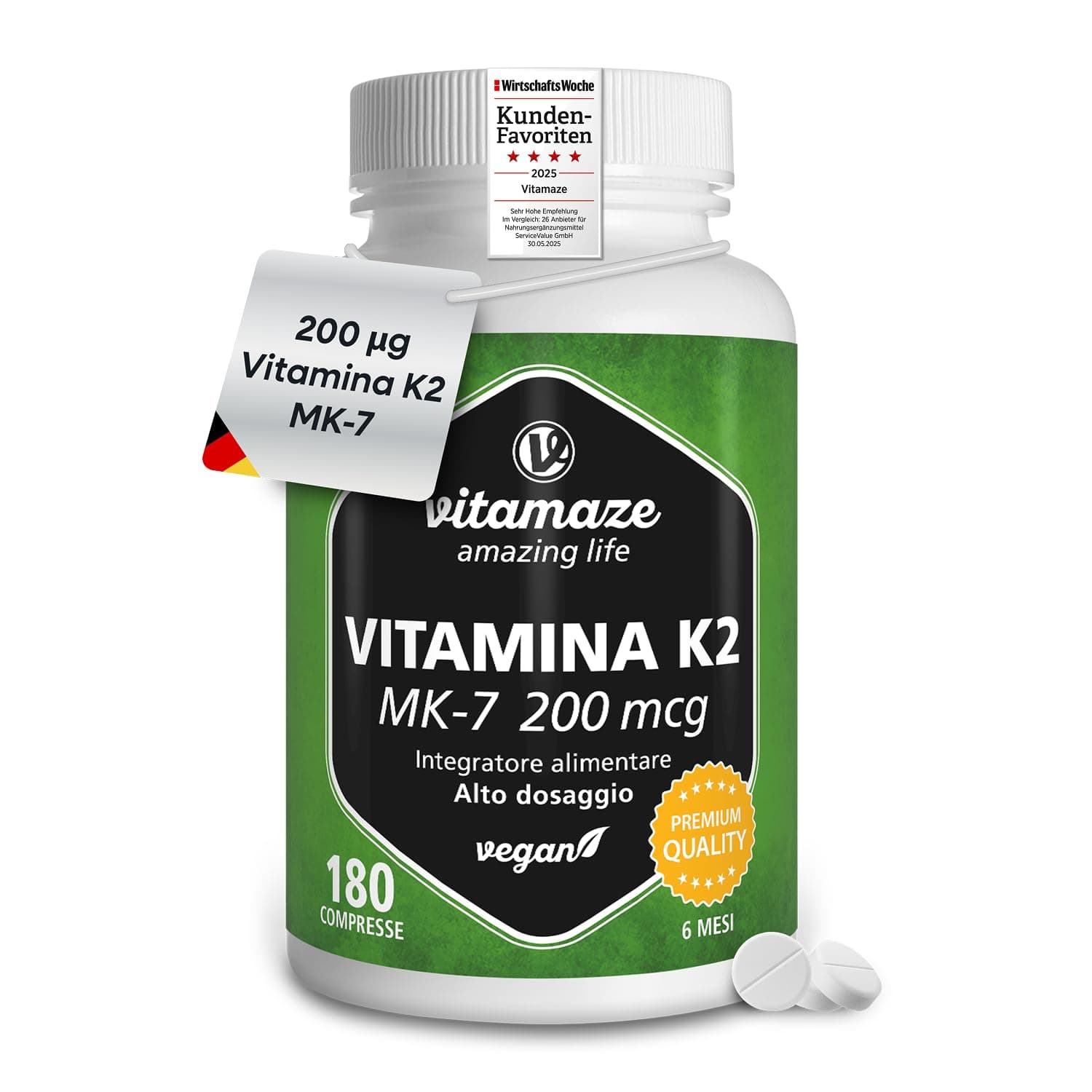 Vitamaze® Vitamina K2 MK-7 200 mcg All Trans 100% Alto Dosaggio Menachinone, 180 Microcompresse Vegan, Qualità Tedesca, Naturale Integratore Alimentare senza Additivi non Necessari