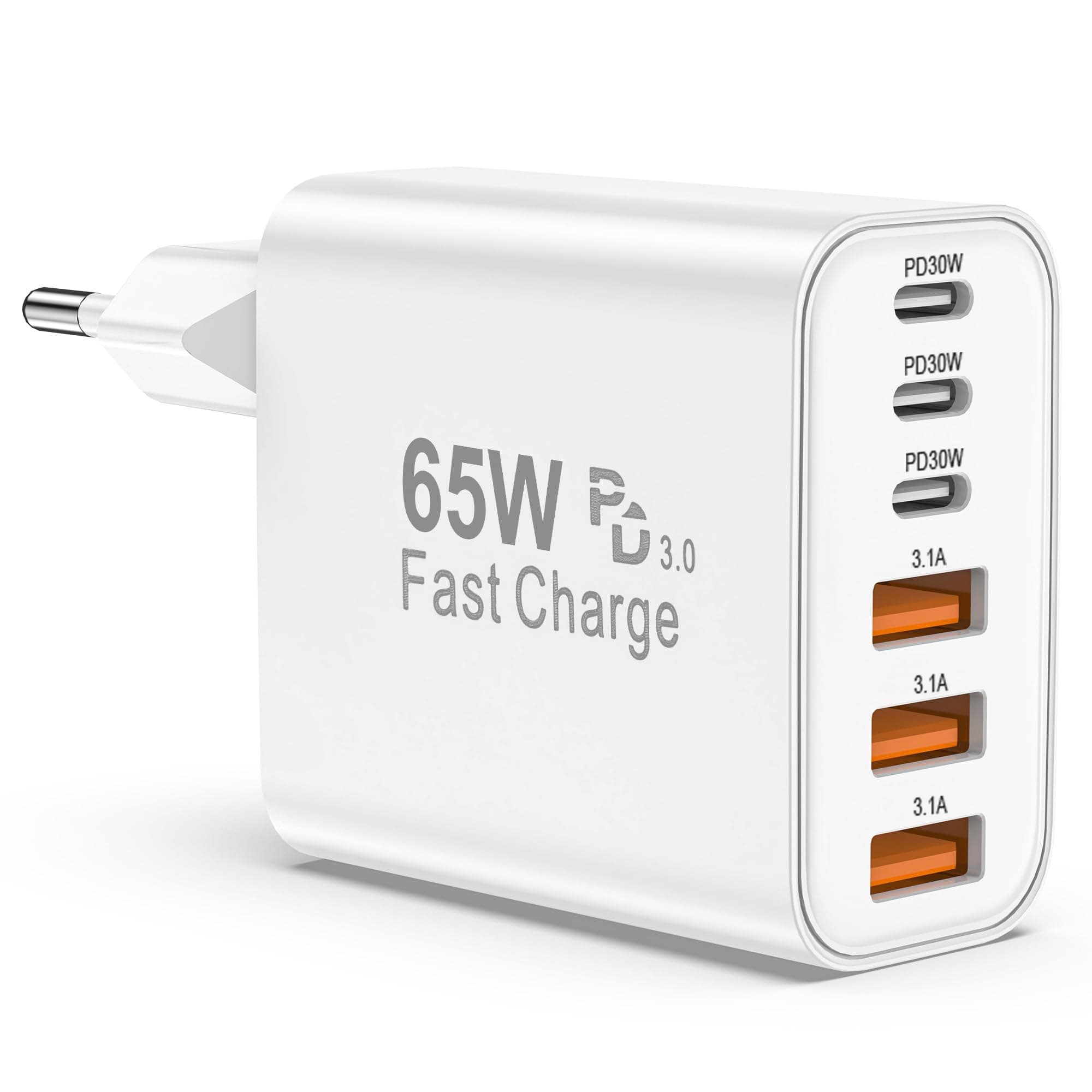 Chargeur USB C, 65W 6 Port Prise USBC Chargeur Rapide iPhone, Multiple Secteur Trois PD+QC 3.1A Type C Adaptateur 25W(MAX) pour iPhone 17 16 15 14 13 12 11 Plus Pro Max X XS XR, pour iPad,pour Samsung