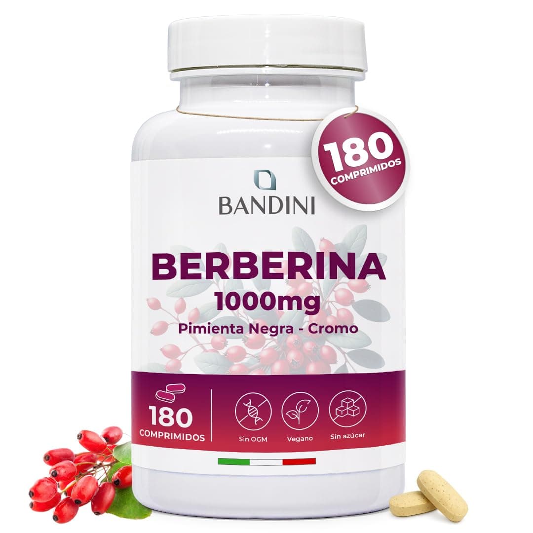 Bandini® Berberina 1000mg pura alta dosificación | 180 comprimidos veganos - Berberina HCl de Berberis Aristata 97% + Cromo y Pimienta Negra | Máxima absorción - Función digestiva, hepática, intestina