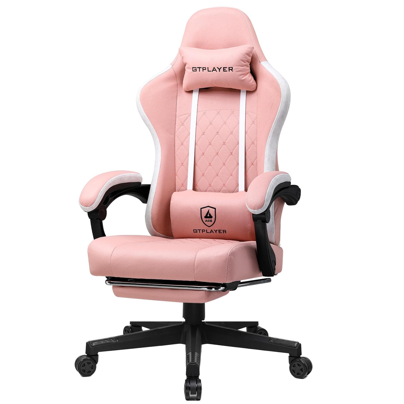 GTPLAYER Sedia da gaming, ergonomica, da scrivania, con superficie in tessuto, cuscino a molla, braccioli di collegamento e poggiapiedi, Rosa
