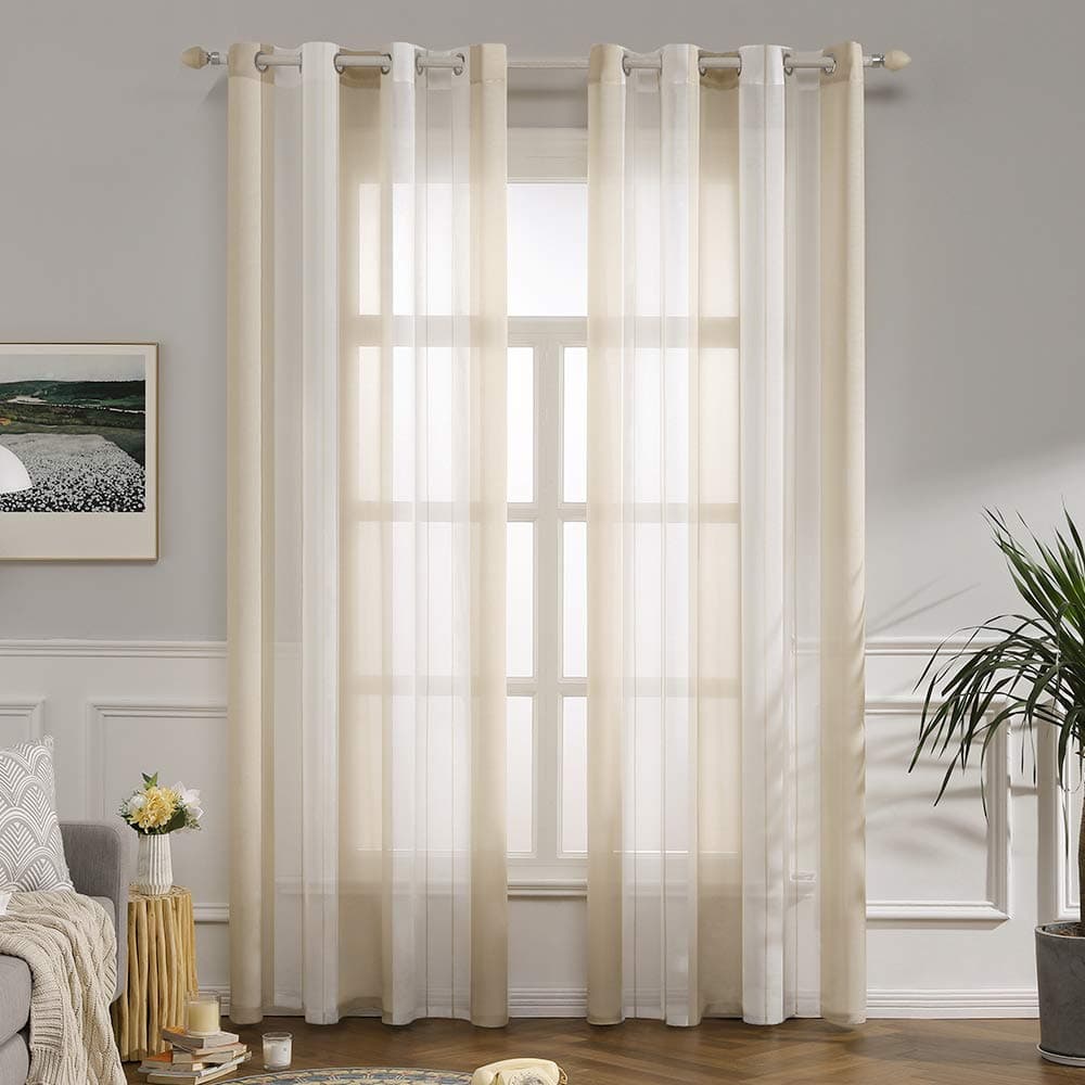 MIULEE Cortinas Salon Modernas con Rayas Blanco y Beige, Bonitas Cortinas Dormitorio Juvenil con Ojales, Translucidas Visillos para Ventanas Habitacion, Visillos Salón 2 Piezas, 2X A140xL225CM