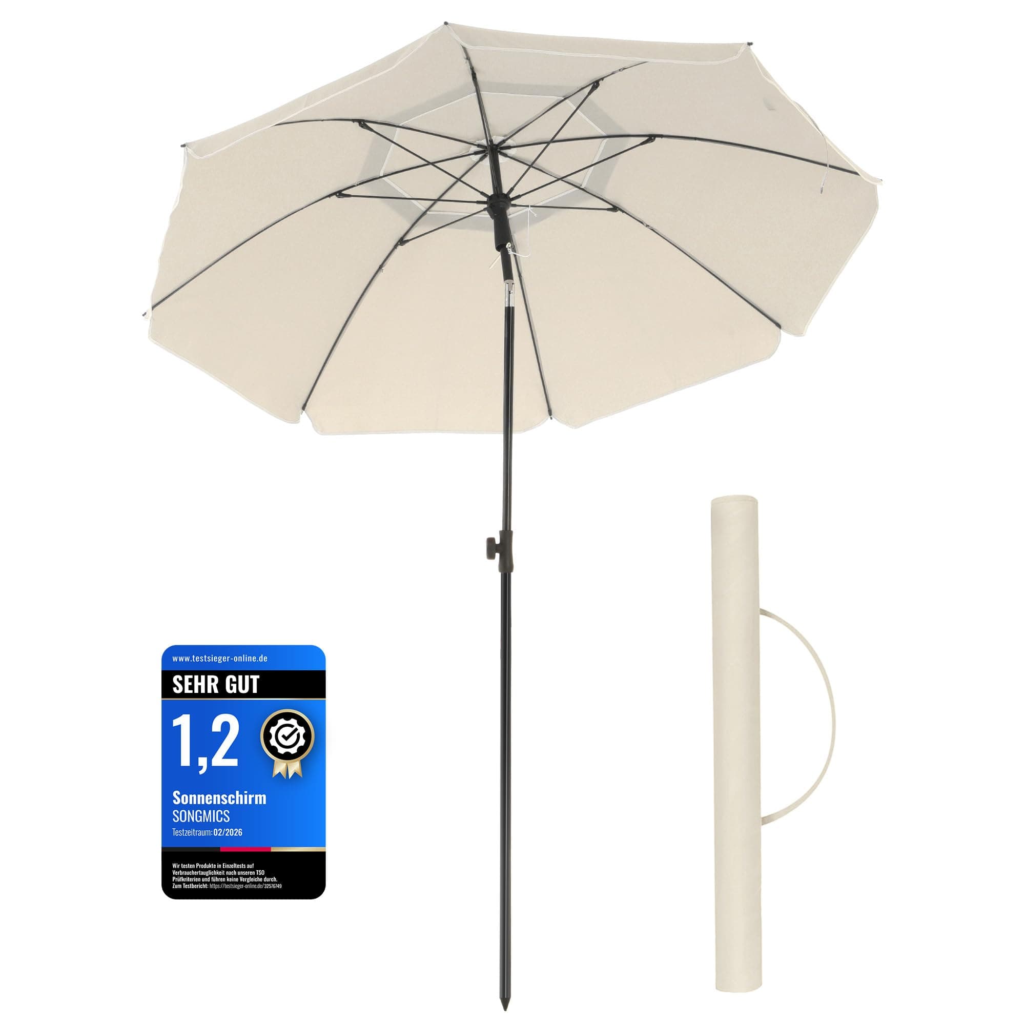 SONGMICS GPU65WTV1 Sonnenschirm, 200 cm, Sonnenschutz UPF 50+, neigbar um 30° in 2 Richtungen, höhenverstellbar, mit Tragetasche, für Balkon, Garten, Terrasse, Strand, ohne Sockel, Beige
