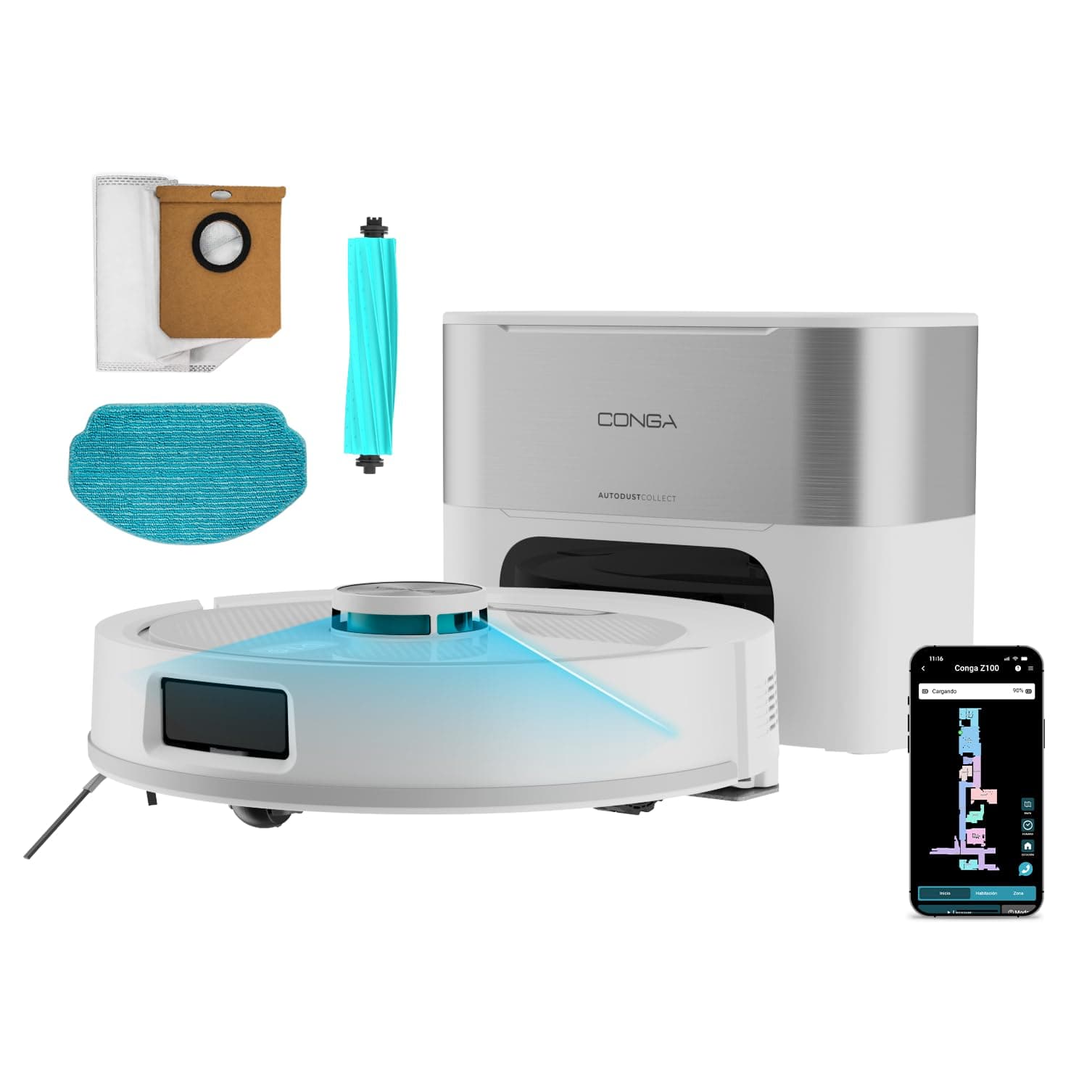 Cecotec Robot Aspirador con IA y Base Autovaciado de 3L Conga Y90 Pearl | 25000Pa, Navegación Láser, Autonomía 240mins en Modo Eco, Cepillo Silicona, Ideal Casas Mascotas, Bluetooth y WiFi