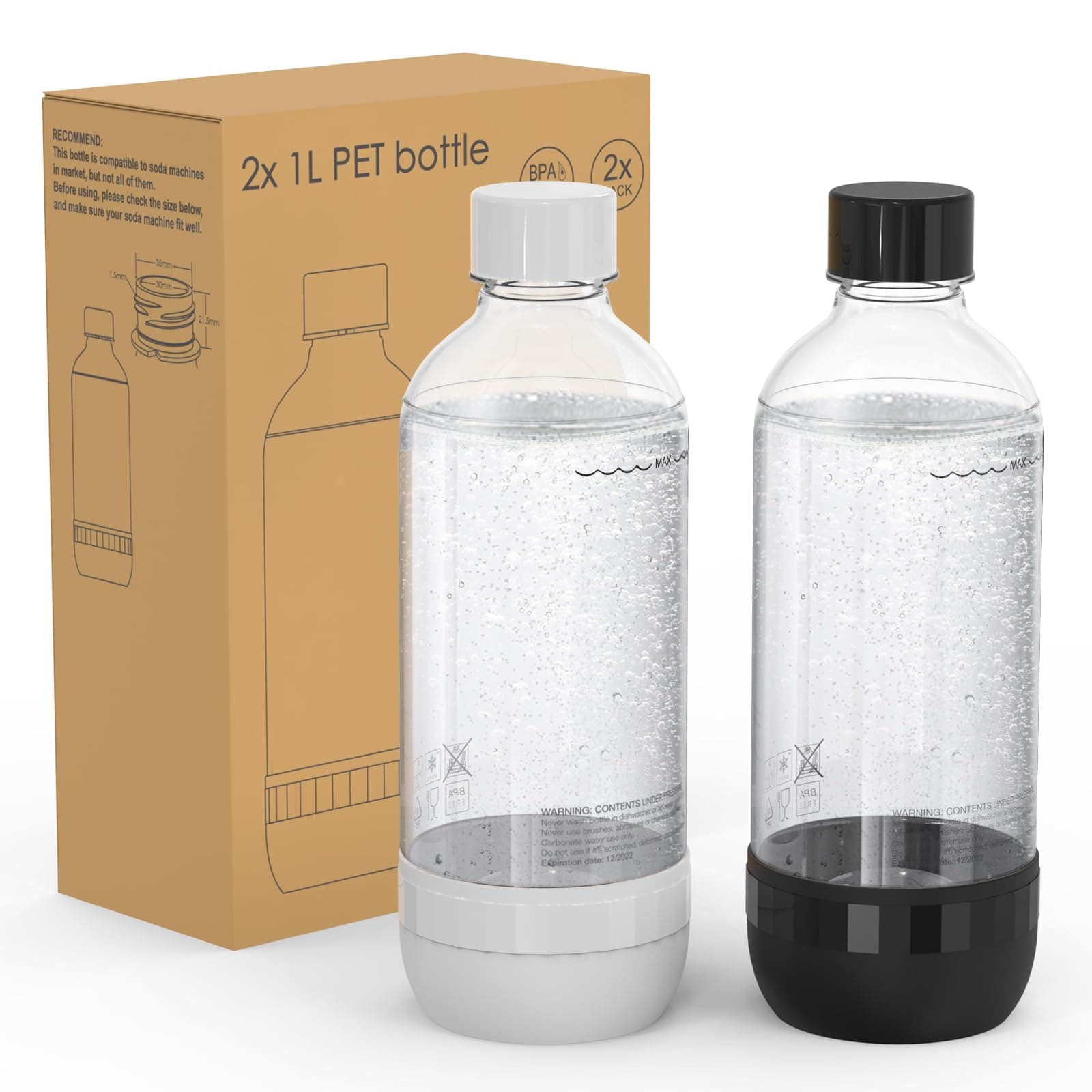Mycket 2 Bouteilles pour Machine à Soda, bouteilles d'eau gazéifiante en PET sans BPA réutilisables et rechargeable pour machine à soda, 2 x 1L, noir et blanc(non compatible avec Crystal et Duo)