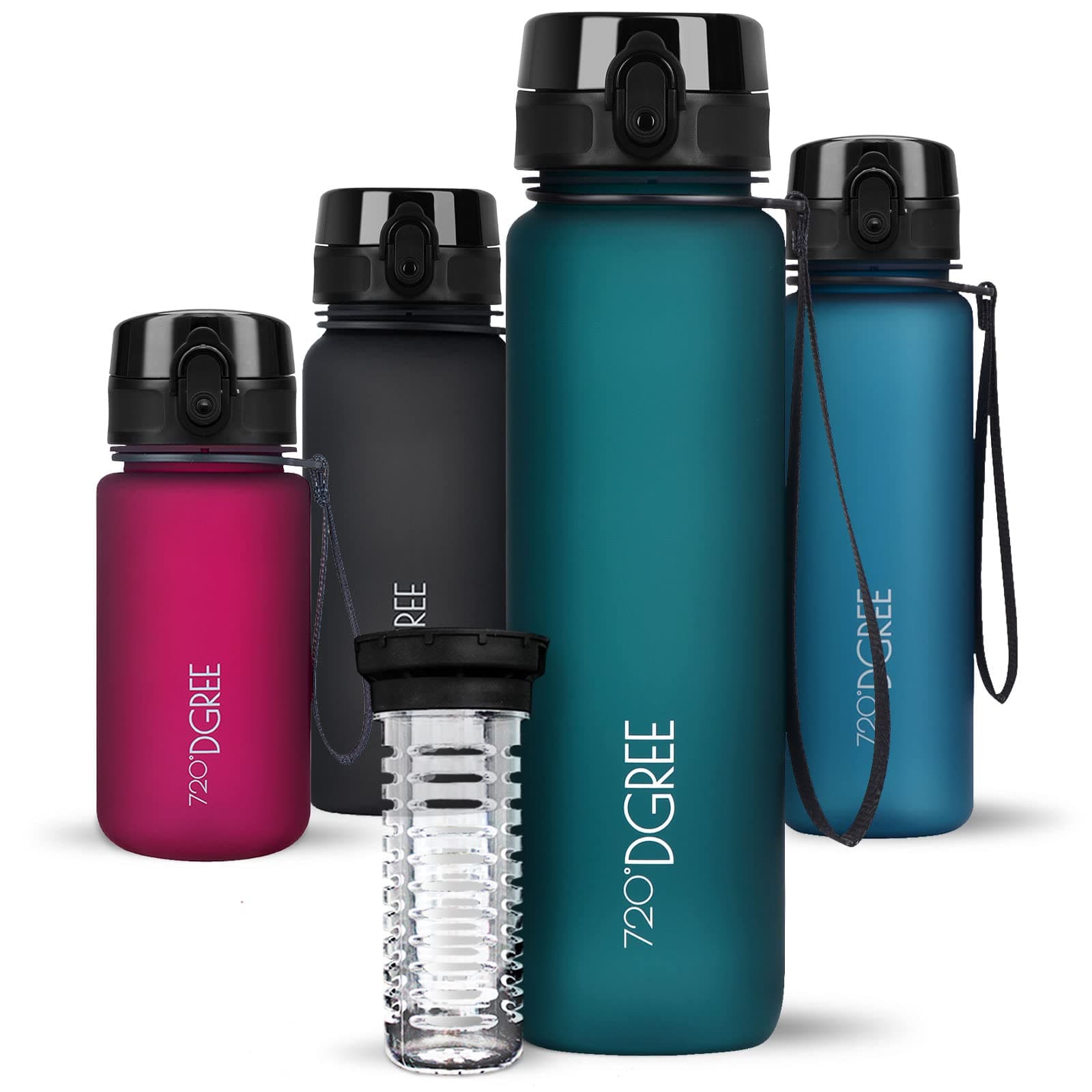 720°DGREE Trinkflasche “uberBottle“ 350ml, 500ml, 650ml, 1l softTouch +Früchtebehälter - Auslaufsicher, BPA-Frei - Schmale Wasserflasche für Kinder, Schule, Sport, Fahrrad, Gym, Fitness, Outdoor