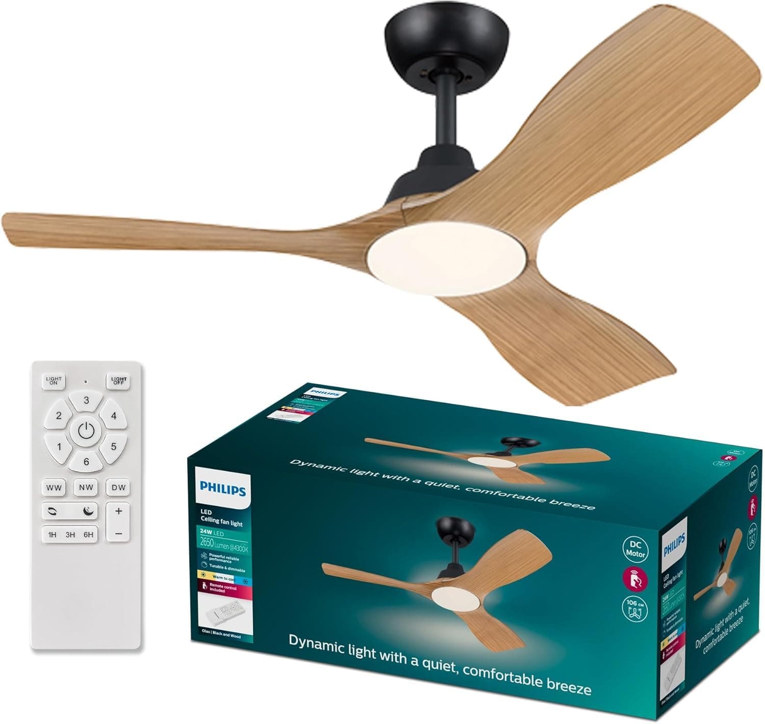 Philips Olas Ventilateur de Plafond, 3 Pales, Lumière LED 24 W, Moteur DC, Température de Couleur (3000 K-4300 K-6500 K) avec Fonction Variateur, Télécommande Incluse, noir, 42"