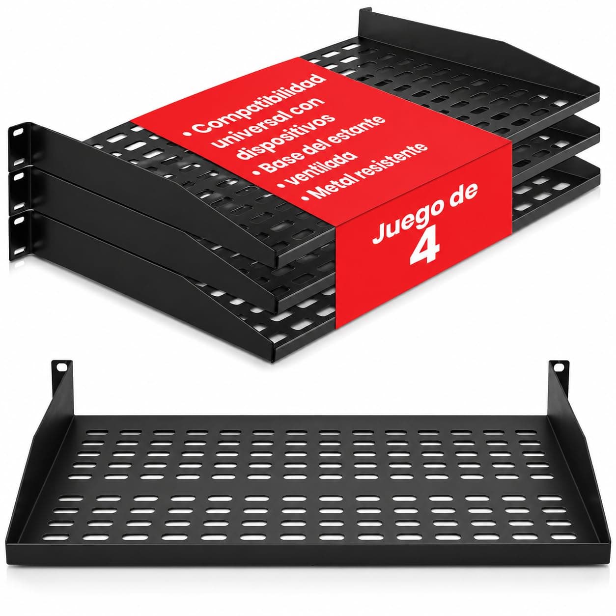 Pyle Rack para Servidor de 19 Pulgadas 1U con 4 Plataformas Metálicas Ventiladas para Óptimo Flujo de Aire, Montaje en Pared o Rack, Soporta hasta 110 lbs, Plataforma de 17 x 10’’
