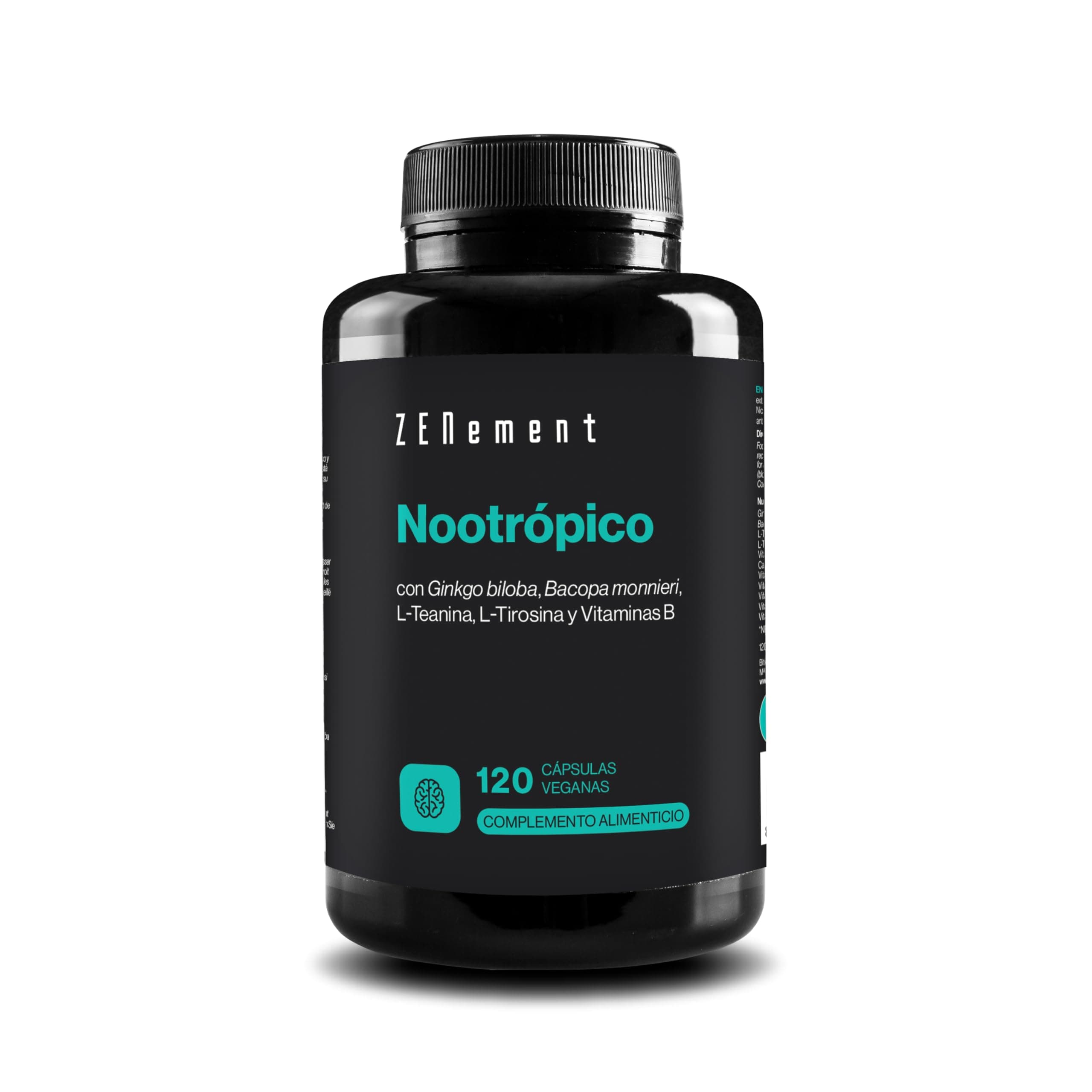Nootrópico Natural, 120 cápsulas - Fórmula para incrementar la memoria, concentración y agilidad mental - con Ginkgo Biloba, Bacopa Monnieri, Tirosina, Teanina y Vitaminas - Zenement