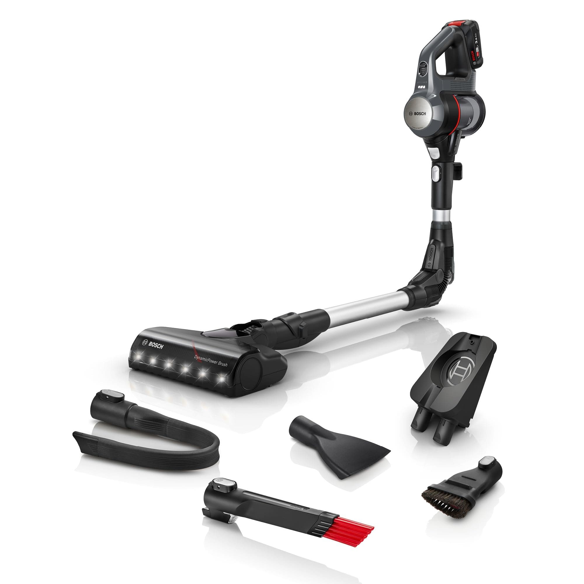 Bosch - Aspirador sin cable, Unlimited 7, Pack de batería de 3.0 Ah, Tubo flexible, Luces LED, Acero, BCS711A