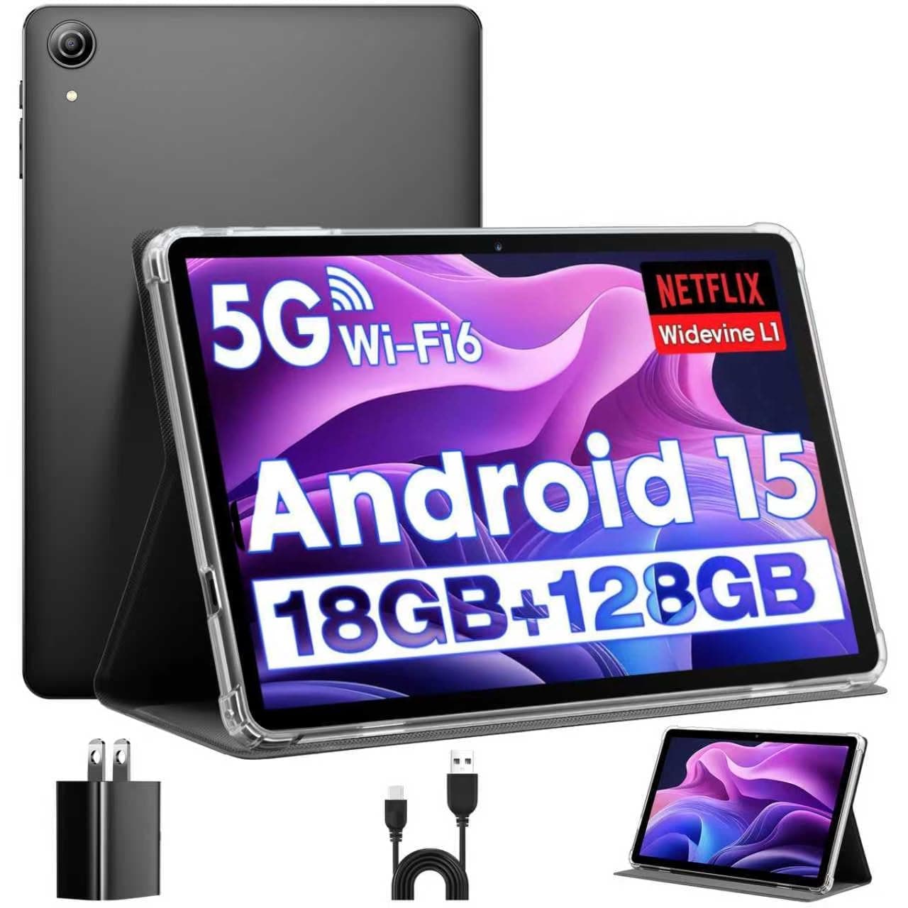 Tablet 10 Pulgadas, Tableta Android 15 con Funda, Unisoc T30 Quad-Core, 18 GB RAM + 128 GB ROM + 1 TB TF, Pantalla HD IPS 1280x800, Cámara Dual 5MP + 8MP, 6000 mAh, WiFi 6, BT 5.0, Widevine L1 (K70)