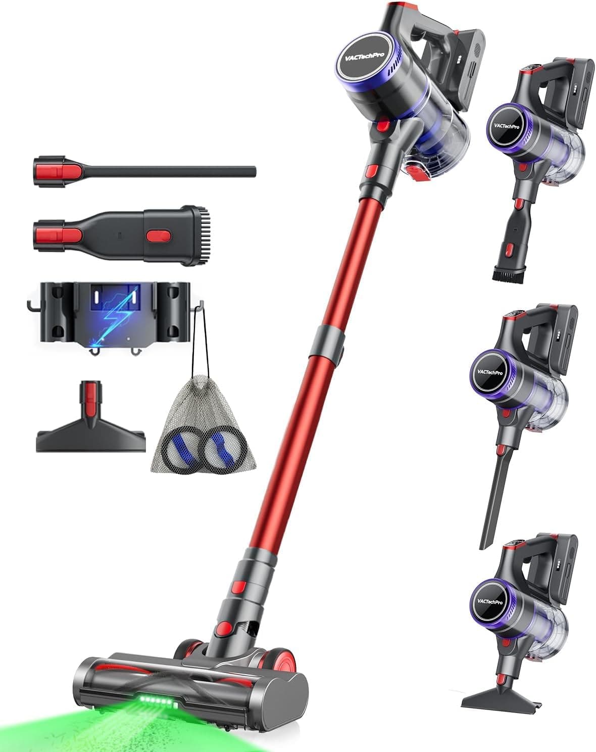 VACTechPro 55KPa/600W/70Min Aspiradora sin Cable, 1.6L Escoba Aspirador sin Cable con Filtración de 8 Capas, Súper Silencioso Aspirador Vertical con Cepillo Antienredos, Aspiradora, Rojo