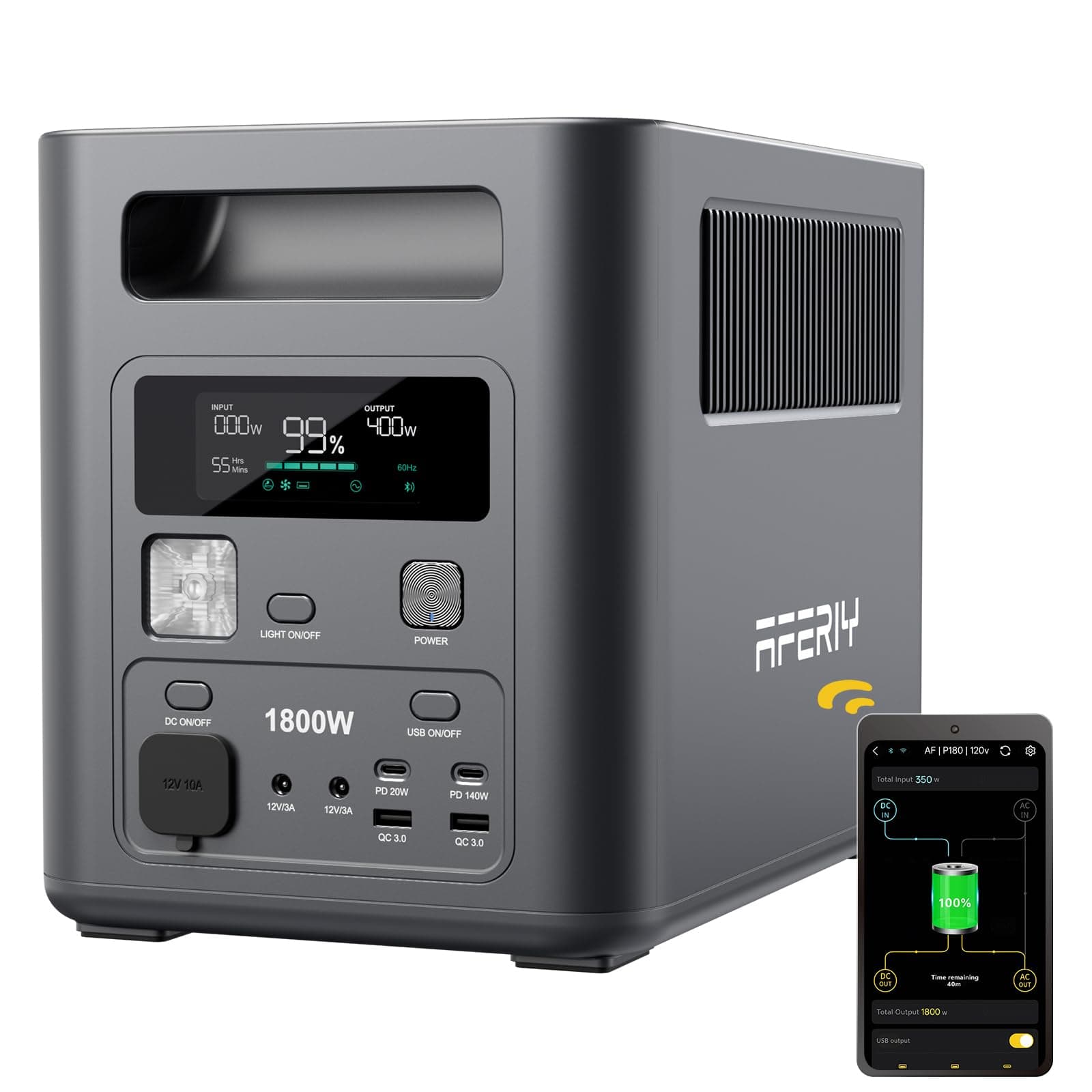 AFERIY P180 Générateur Électrique Portable, Batterie Nomade 1800W & 1024Wh, Station Électrique Solaire 28% Plus Compacte & Légère, Recharge de 0-90% en 60 Min, UPS, BMS, pour Camping, Maison, Urgence