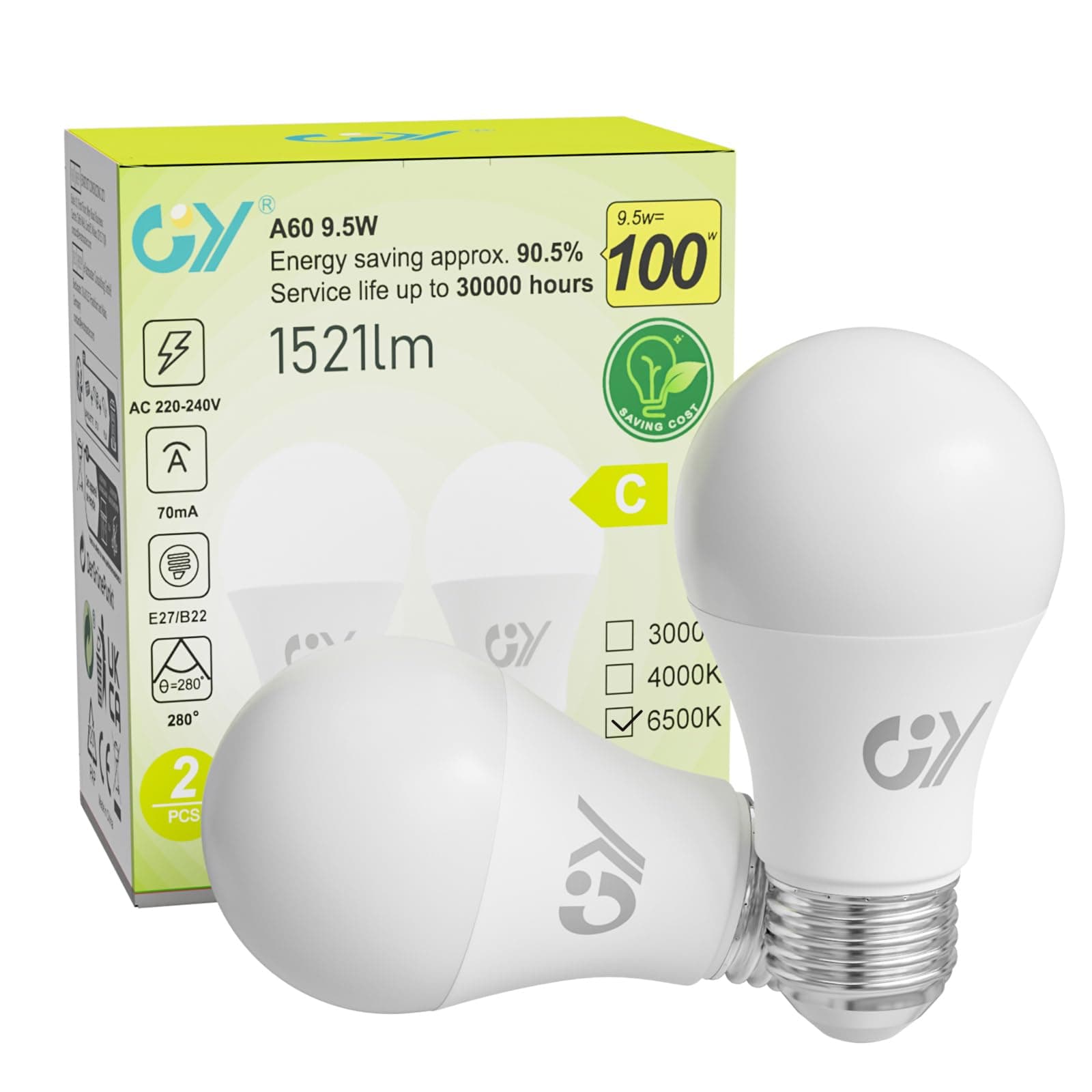 GY Bombillas Led E27 Luz Fría 6500K - 9,5W Equivalente a 100W - 1521 Lúmenes, No Regulable - A60 Bombilla Led Esférica Caja de 2 Unidad