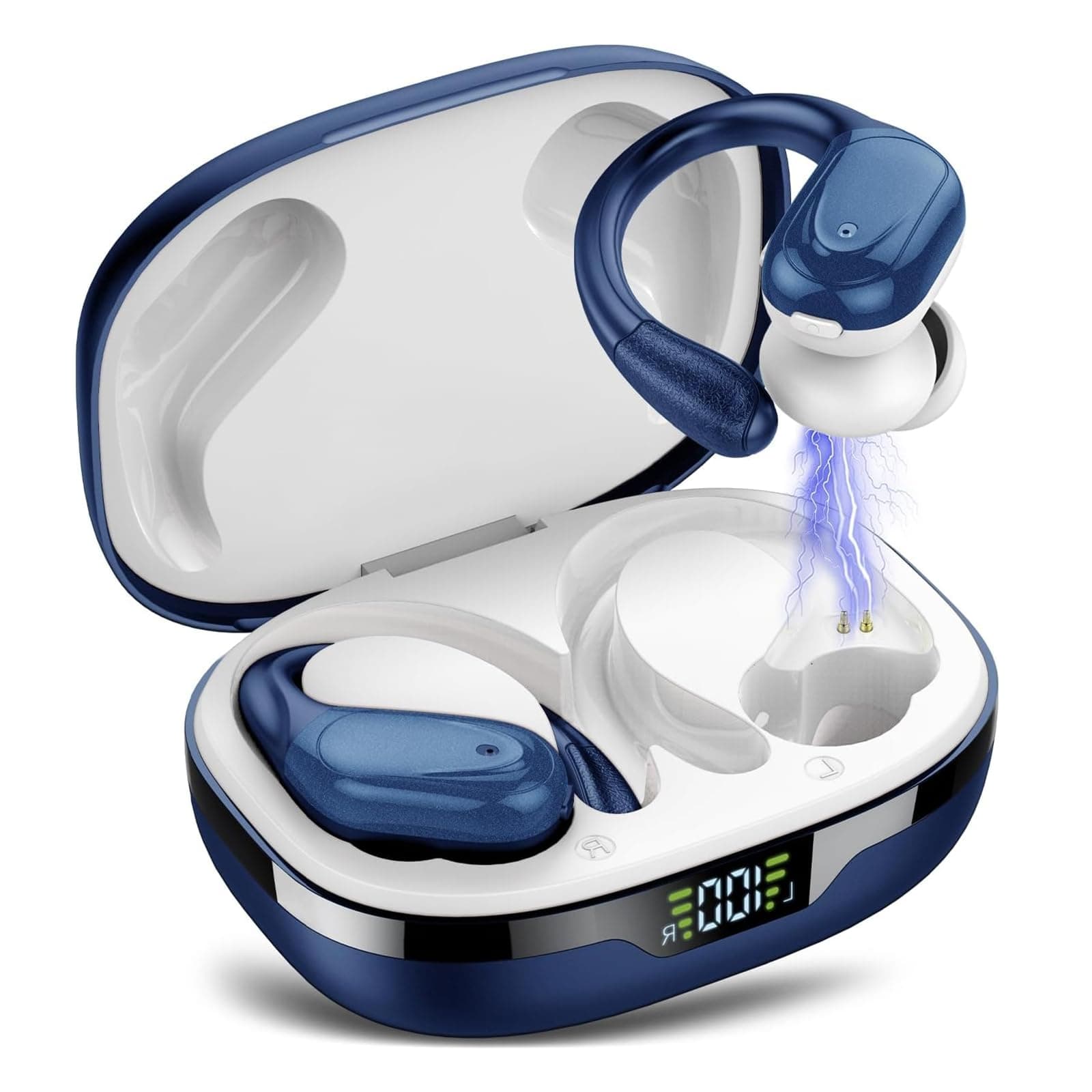 Cuffie Bluetooth, Sport Auricolari Bluetooth 5.3 con Gancio per Orecchio, 60H con Indicatore LED per Cassa di Ricarica, Chiamata ENC HD, Vestibilità Comoda, Basso Profondo, IPX7 Bianco Blu