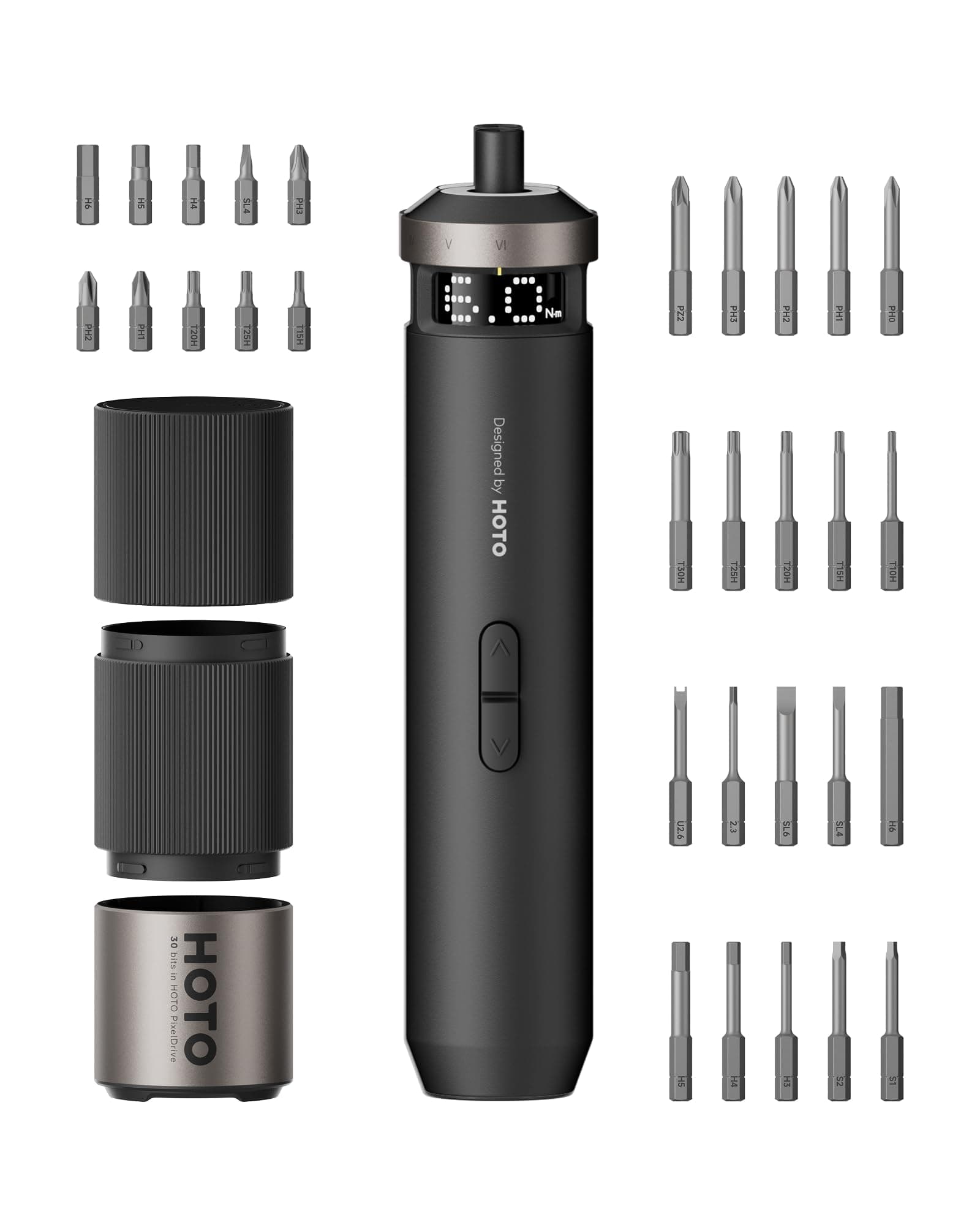 HOTO PixelDrive Tournevis électrique, écran intelligent, 6 réglages de couple (0,5-6 N·m), 30 embouts hexagonaux 1/4'', LED, pour électronique et réparations domestiques