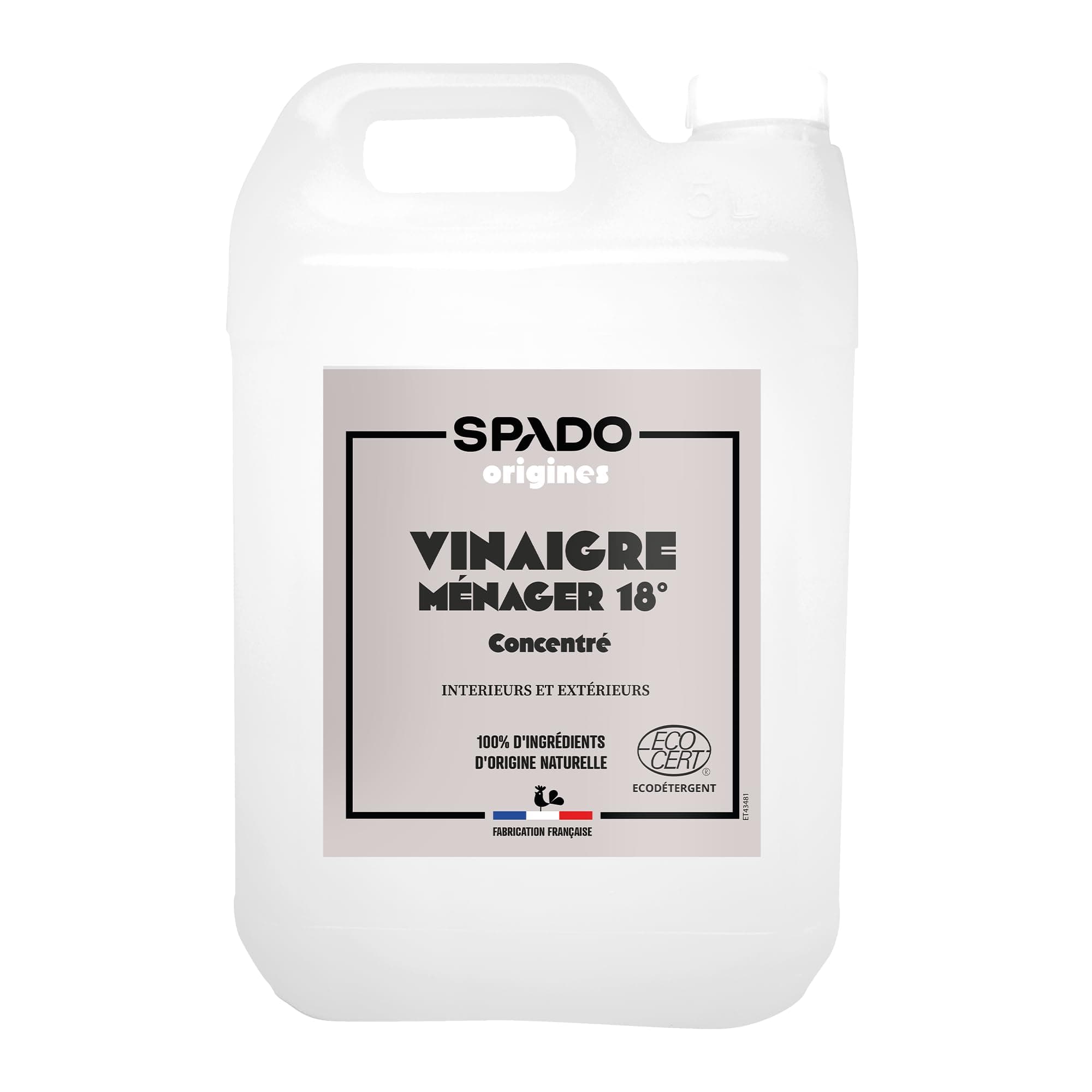 SPADO Origines - Vinaigre blanc 18° - Détartre et fait briller - Formule ultra concentrée et naturelle - Sans parfum - Contact alimentaire - ECOCERT - 5L - Fabrication Française