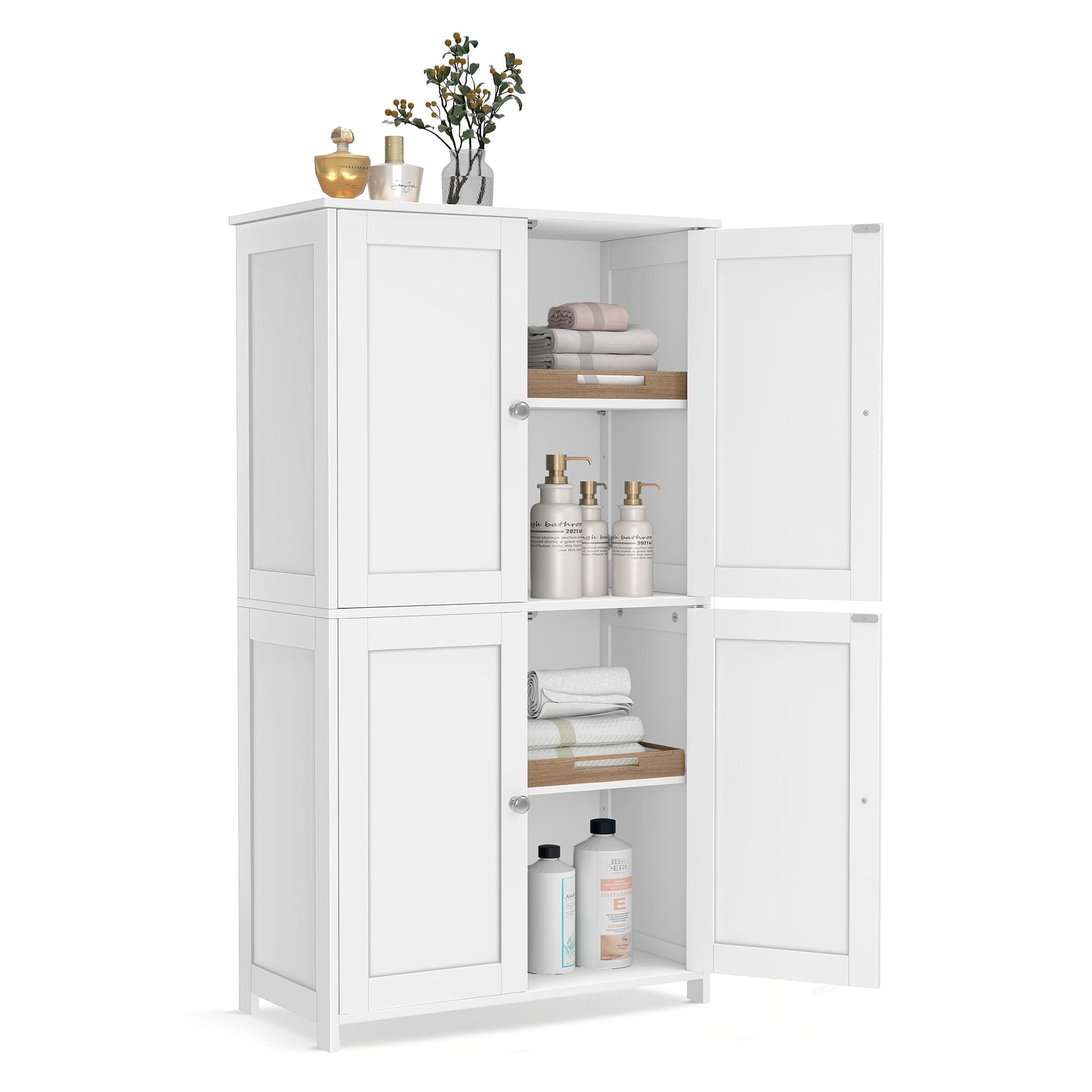 VASAGLE Mobiletto da Bagno, Armadietto con 2 Ripiani Regolabili, Portaoggetti con 4 Ante, Unità Alta Autoportante, per Cucina, Bianco Nuvola BBC553WH01