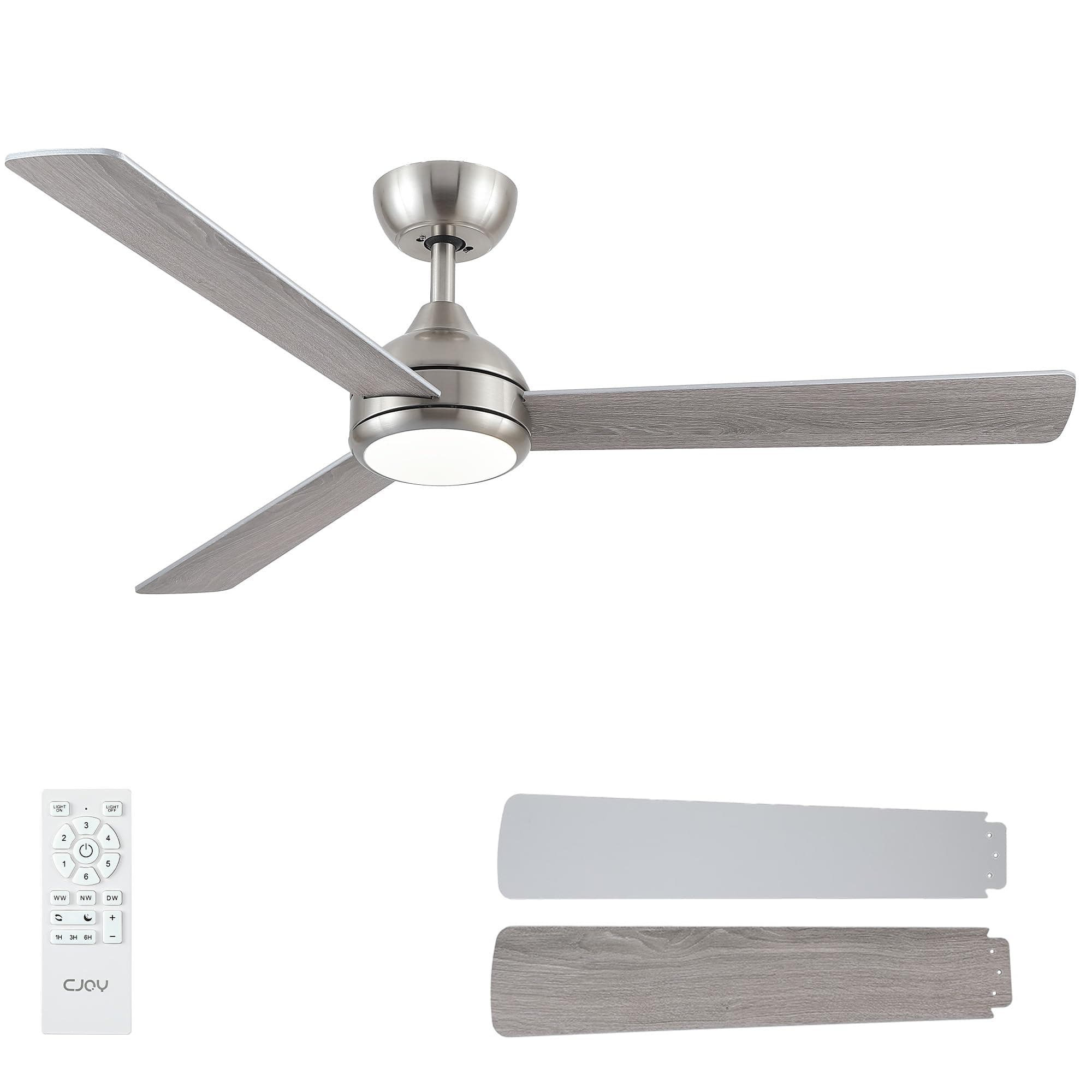 CJOY Ventilador de Techo con luz 132 cm, Plata/Madera Ventilador de Techo con Luz y Mando, 6 Velocidades, Memoria 3 CCT, Regulables, Silencioso Reversibles CC, Temporizador, Modo Sleep Para Dormitorio