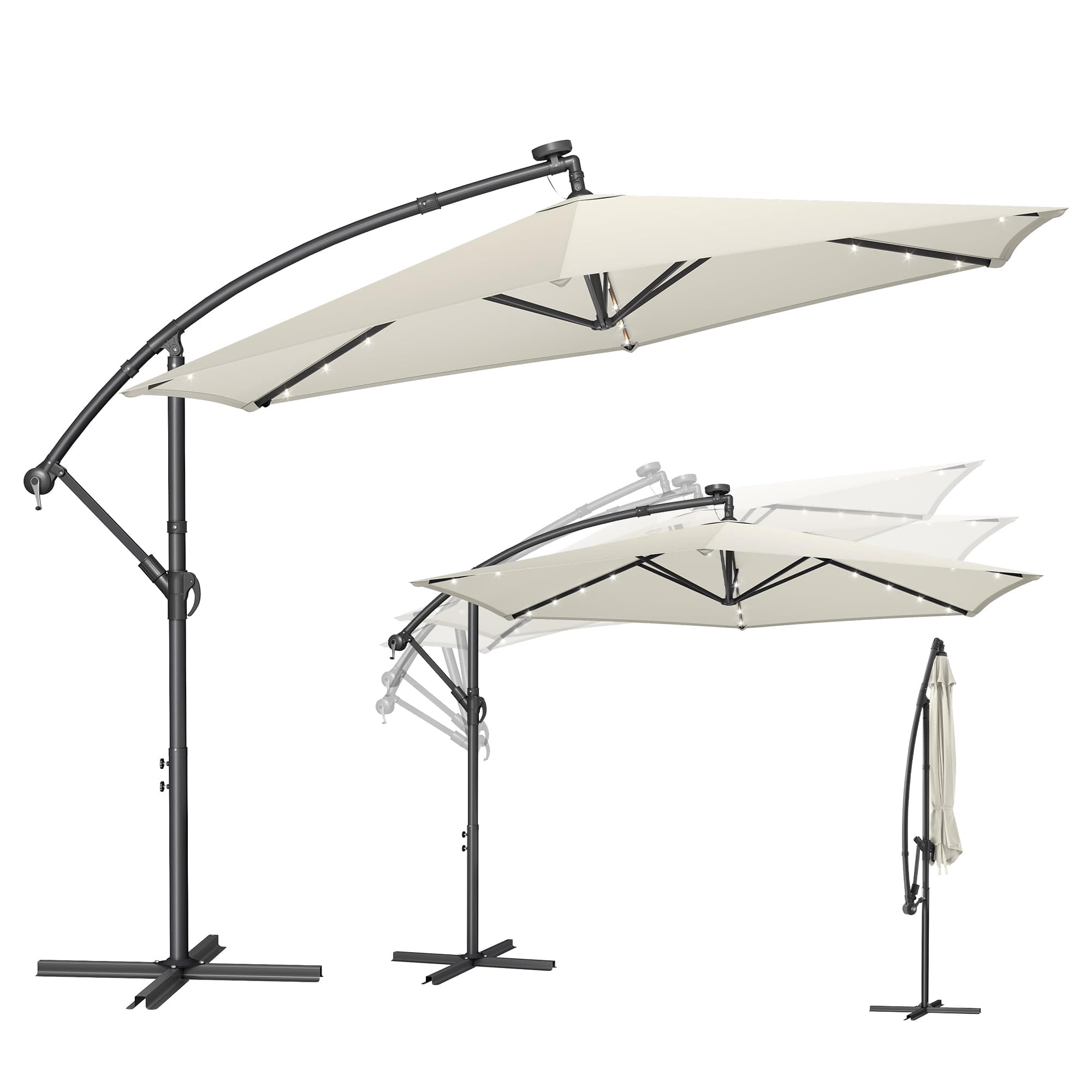 SONGMICS Parasol Déporté avec 32 LED, Socle en Croix, Ombrelle, Protection UPF 50+, Manivelle d'Ouverture et de Fermeture, Jardin, Terrasse, Piscine, Plage