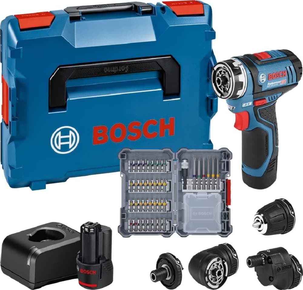 Bosch Professional 12V System Akku Bohrschrauber GSR 12V-15 FC - FlexiClick System (inkl. 2x 2.0 GBA 12V Akku, Ladegerät, 4x Aufsätze, 40-tlg. Zubehör-Set 40,) -Battery Powered