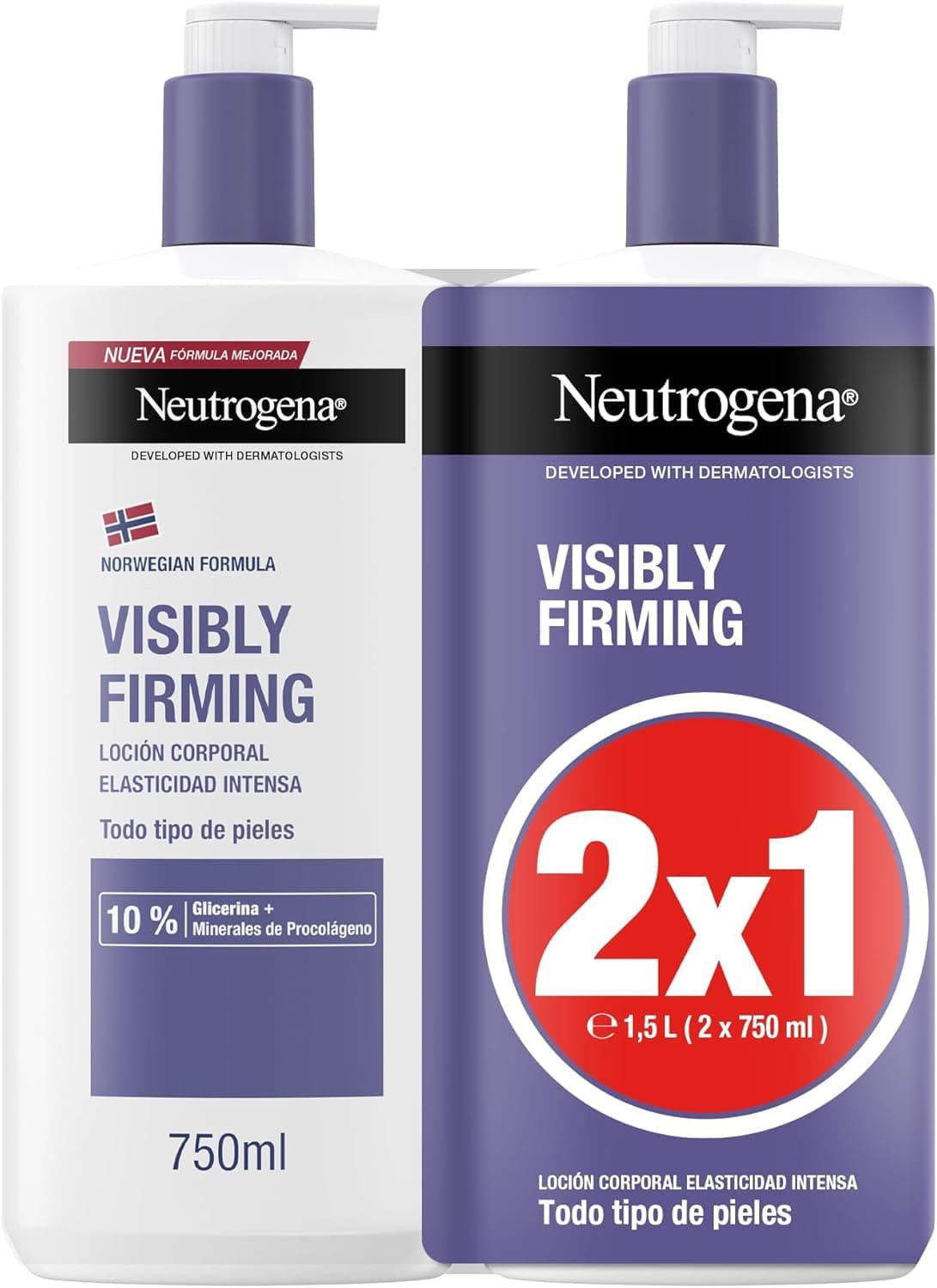 Neutrogena Fórmula Noruega Loción Corporal Visiblemente Reafirmante (2x750 ml), crema reafirmante corporal para todo tipo de piel, crema hidratante con Glicerina y Minerales de Procolágeno