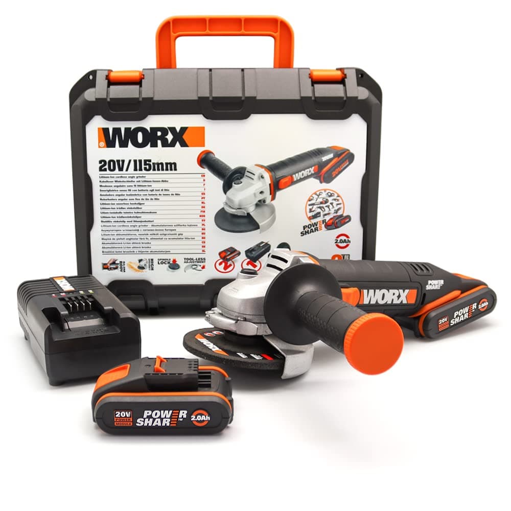 WORX WX800 Amoladora Angular 115mm 20V PowerShare con 2 Baterías 2Ah, para Cortar y Desbastar Metal, Piedra y Obra en Casa o Taller