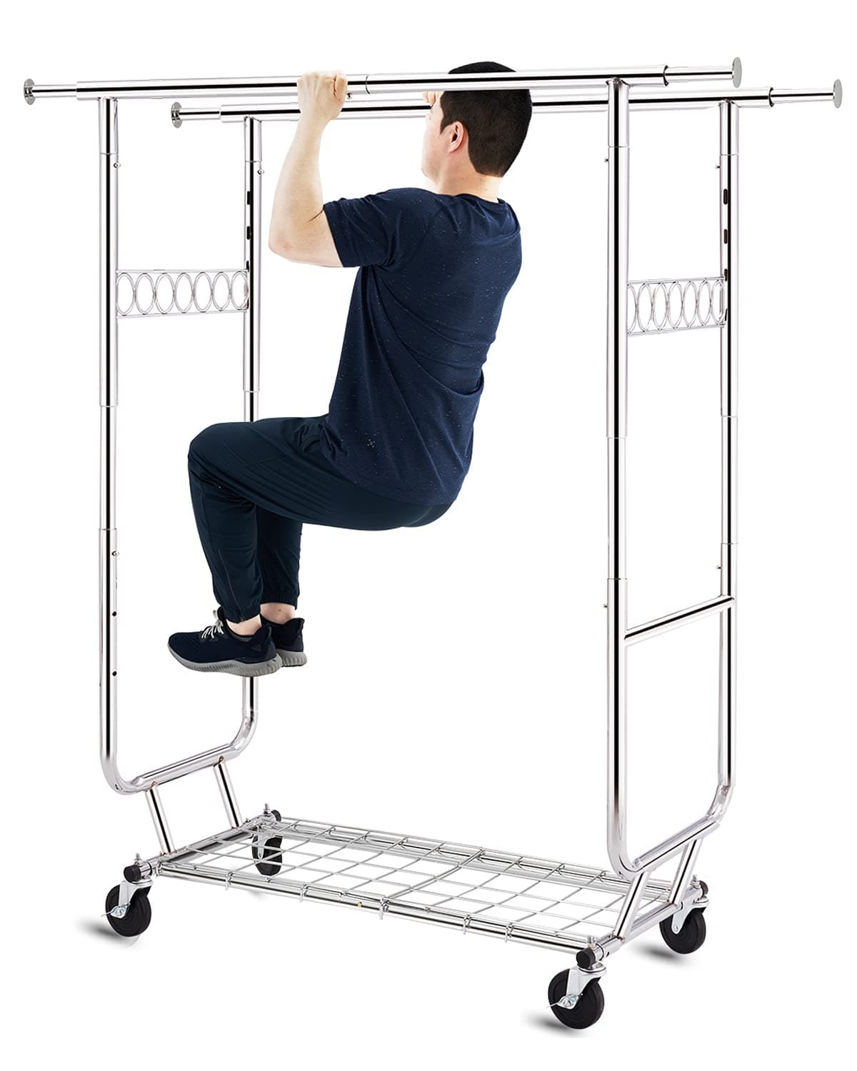 HOKEEPER Portant à vêtements double avec étagères, capacité de 272,2 kg, portant à vêtements sur roulettes, porte-vêtements à roulettes pour suspendre des vêtements