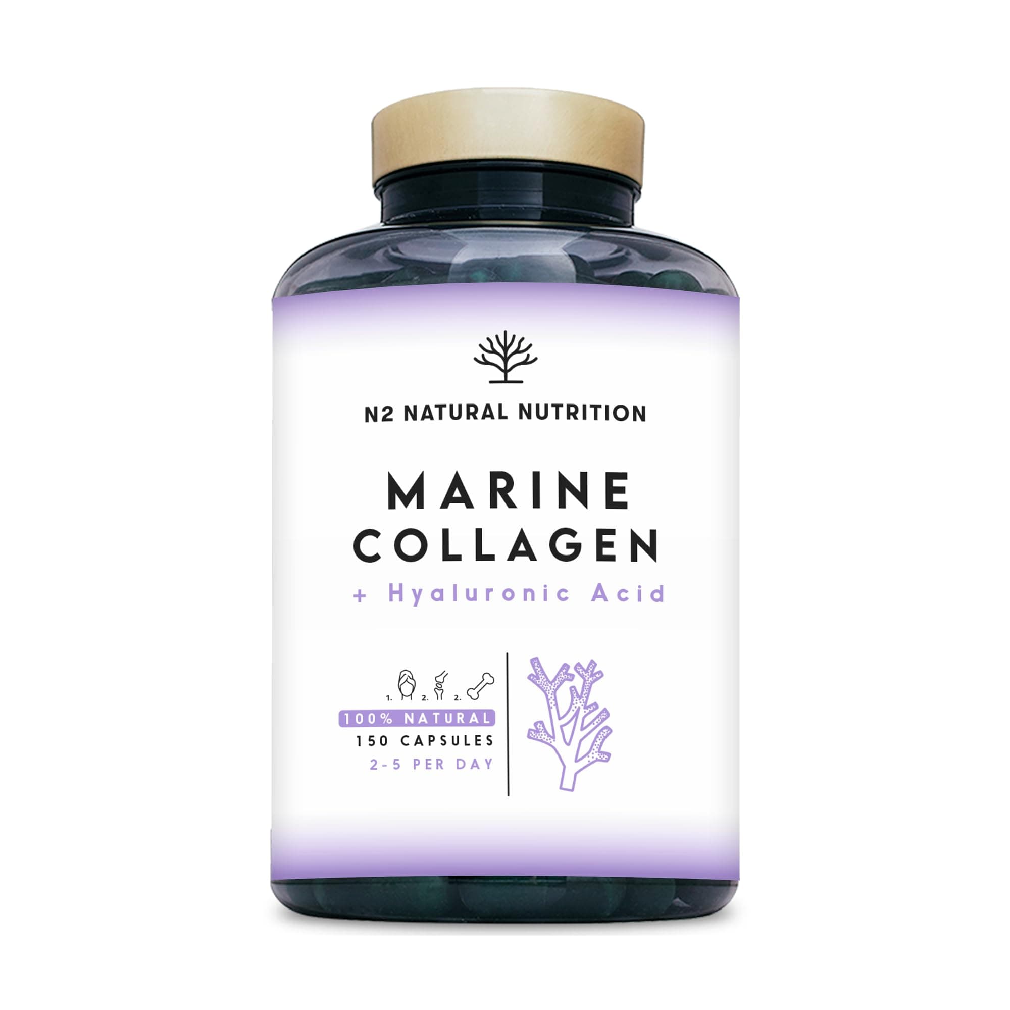 Colageno con Magnesio y Acido Hialuronico. Vitamina C. 150 Cápsulas Suministro 75 días. Alta Concentración. Cuidado de Articulaciones, Piel y Huesos. Colágeno Marino PEPTAN. CE.N2 Natural Nutrition