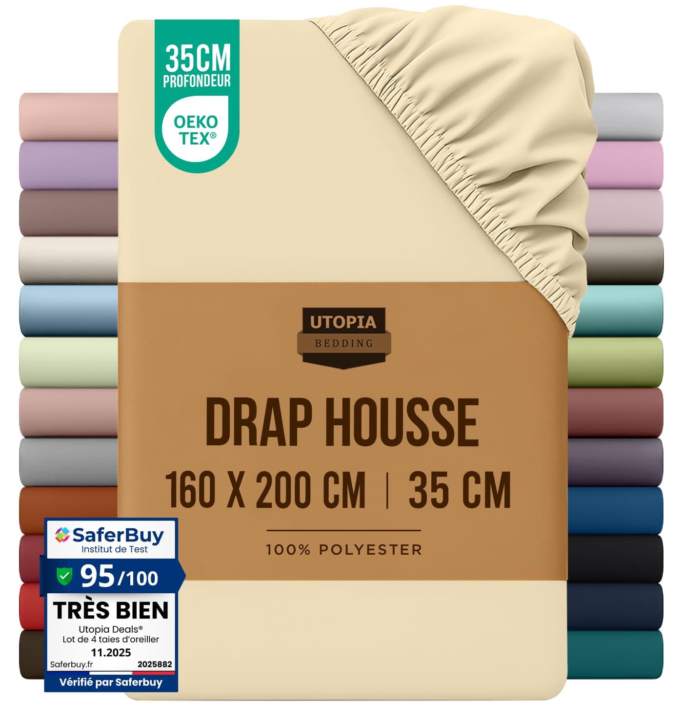 Utopia Bedding Drap Housse - Beige, 160 x 200 cm | Certifié Oeko-Tex - Bonnets 35 cm pour Matelas Épais - Polyester Microfibre brossée